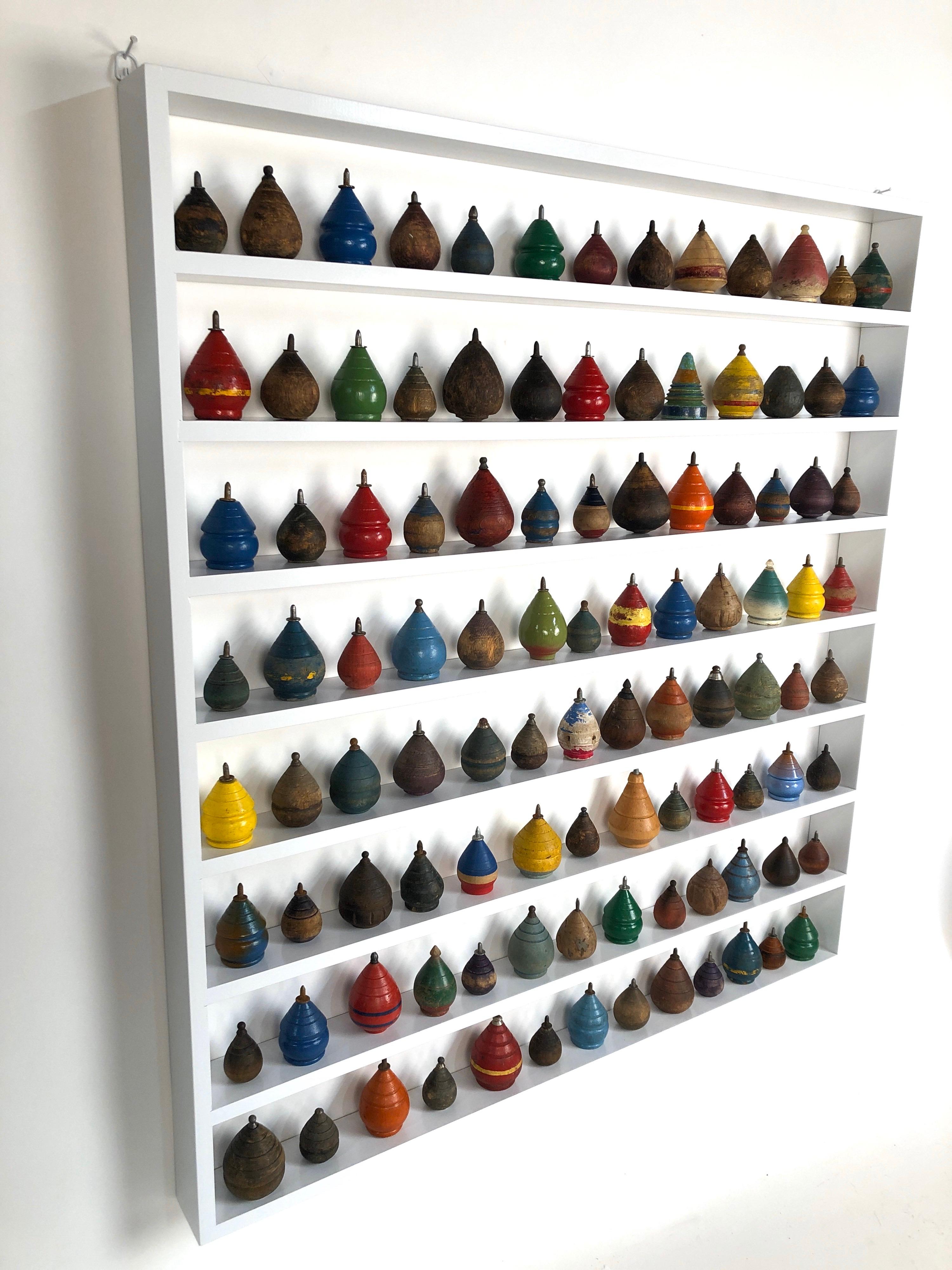 20th Century Collection of 104 Antique Wooden Spinning Tops in a Custom Shadow Box Frame