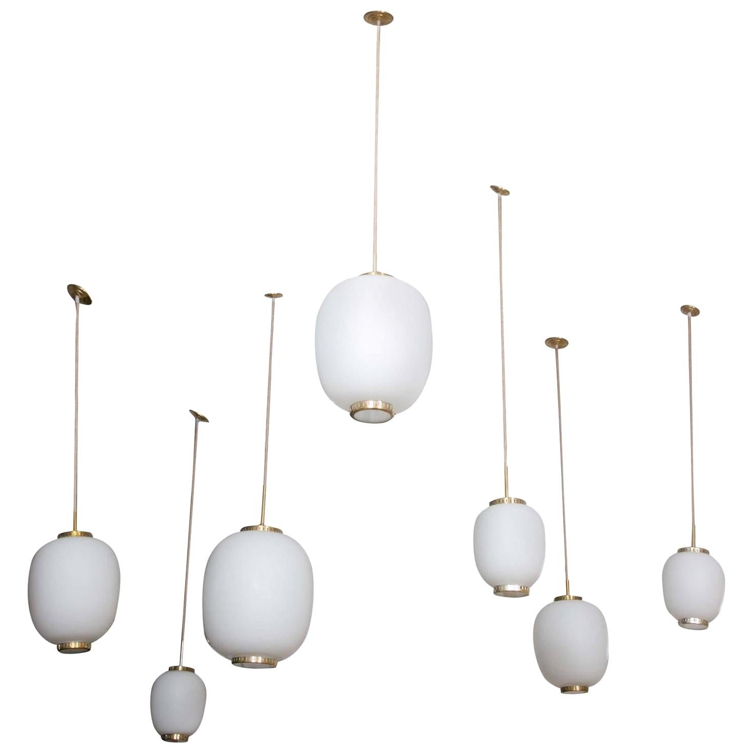Collection of 11 Opaline Glass and Brass Ceiling Fixtures, Bent Karlby for Lyfa
