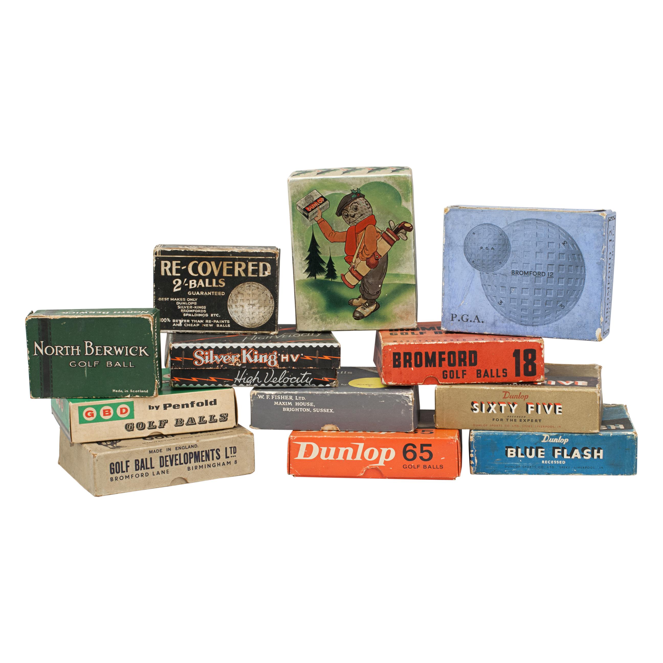Collection Of Vintage Cardboard Golf Ball Boxes.
A very nice decorative collection of twelve cardboard golf ball boxes. The boxes would have originally been sold complete with a dozen, or half a dozen, of the relevant golf balls, but are now empty.