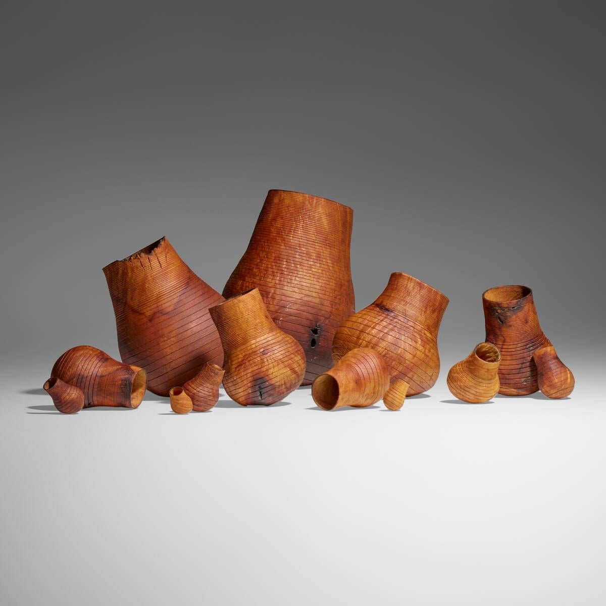 Collezione di tredici opere (dalla serie Gourd)  di vasi moderni e organici in legno di radica dell'artista Christian Burchard. Il cestino più grande misura 9