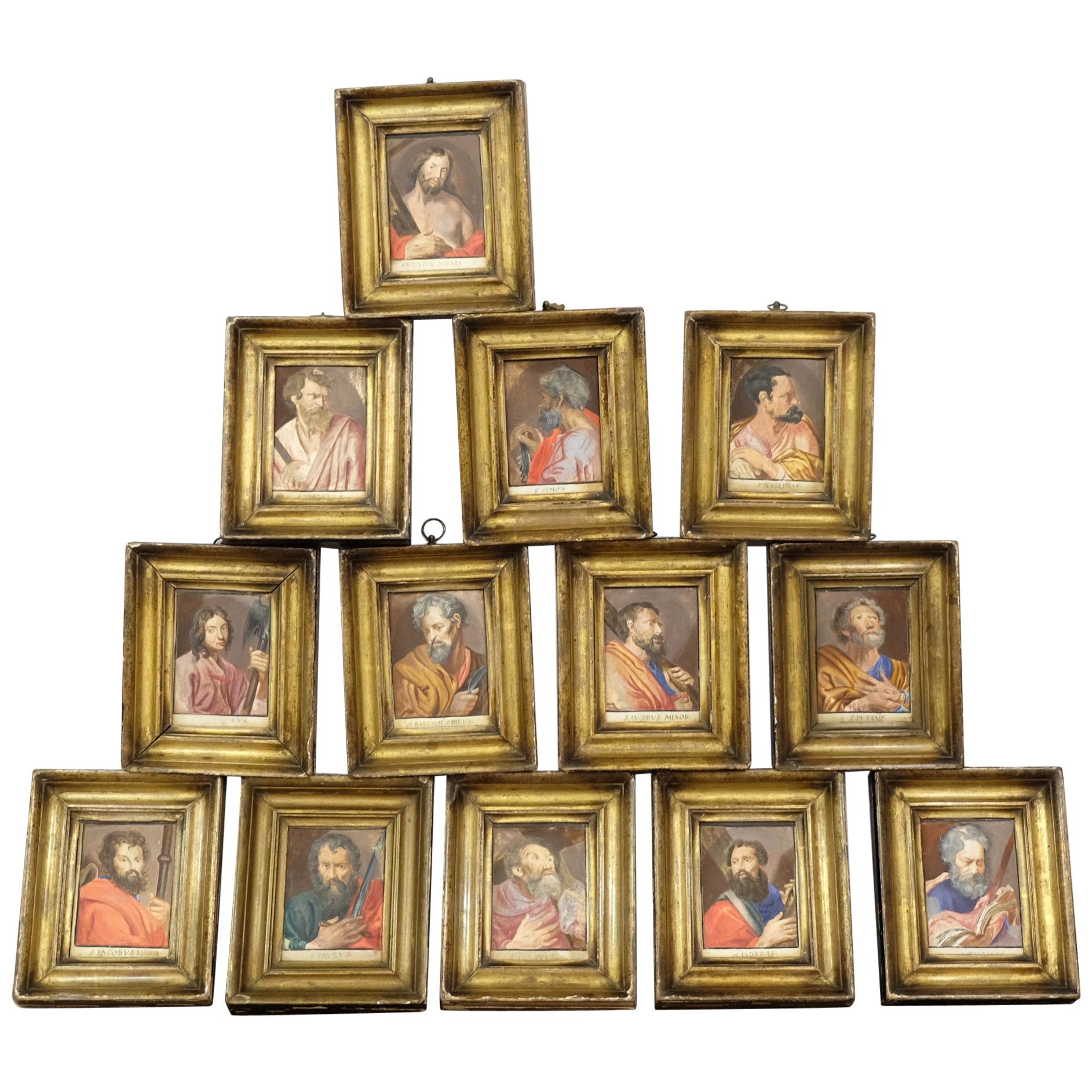 Collection of 13 Jesus 
Apostles Portraits, Watercolour, Gilt Frames, European