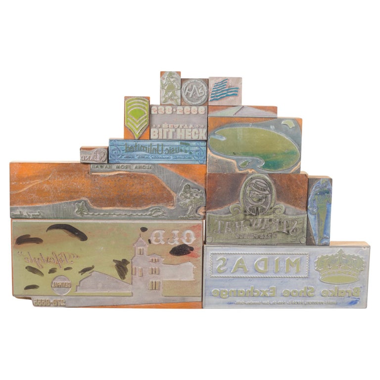 Collection of 14 Green and Blue Typeset Advertising Print Blocks, circa ...