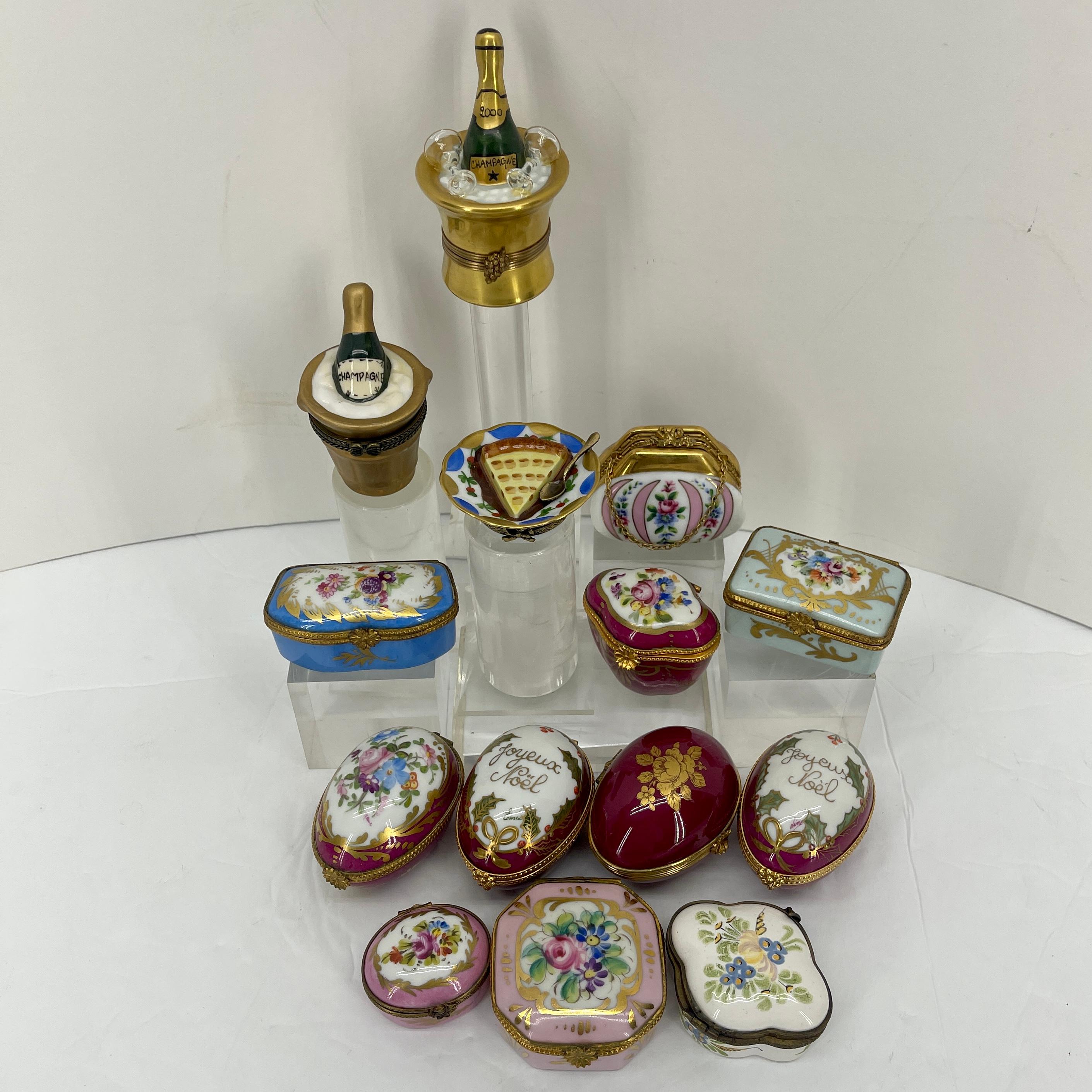 20th Century Collection of 14 Porcelain Trinket Hand Painted Boxes, France