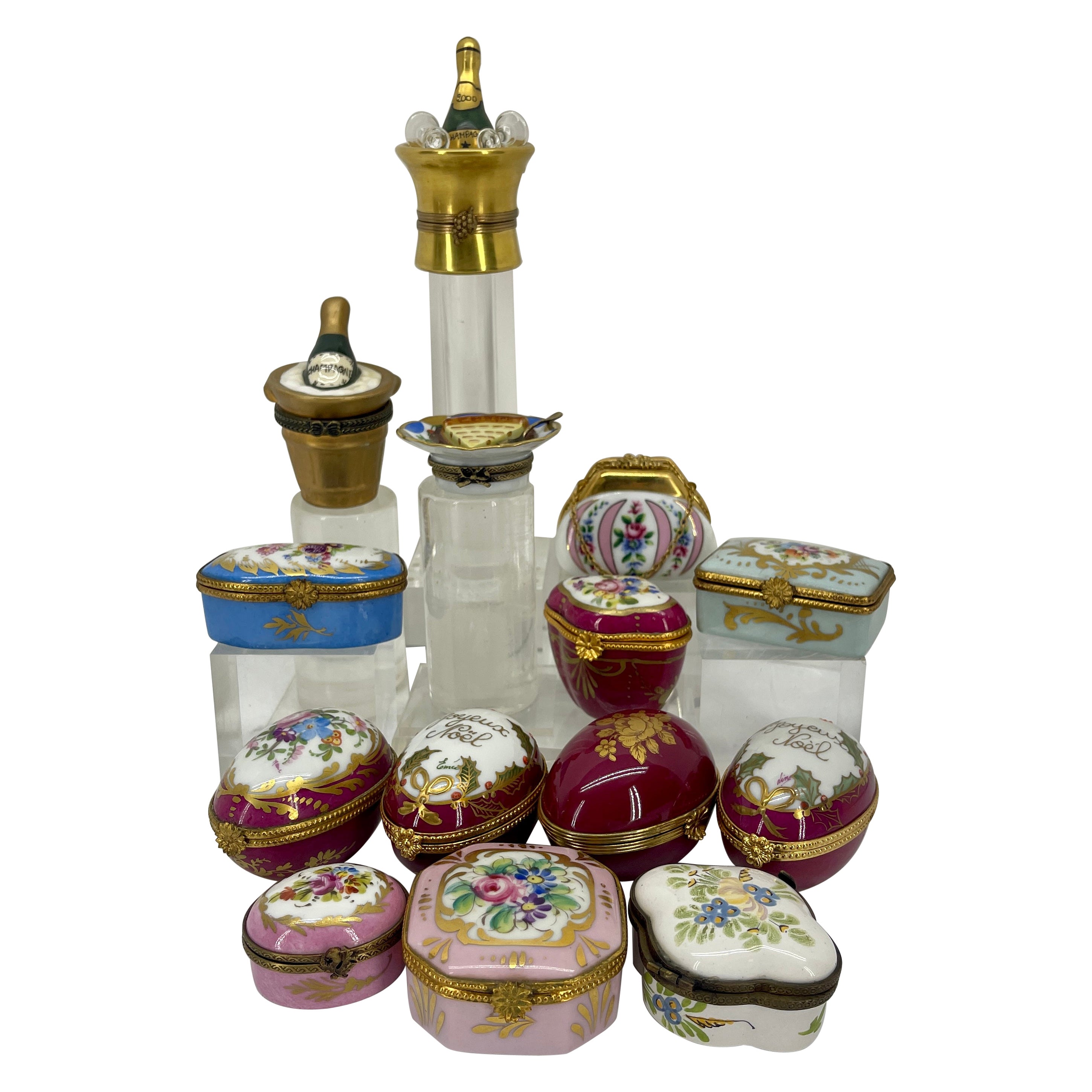 Collection of 14 Porcelain Trinket Hand Painted Boxes, France