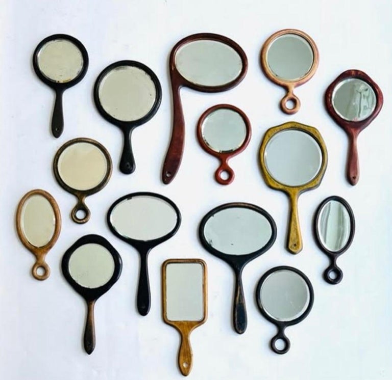 Collection of 15 Antique Wooden Beveled Hand Mirrors For Sale at