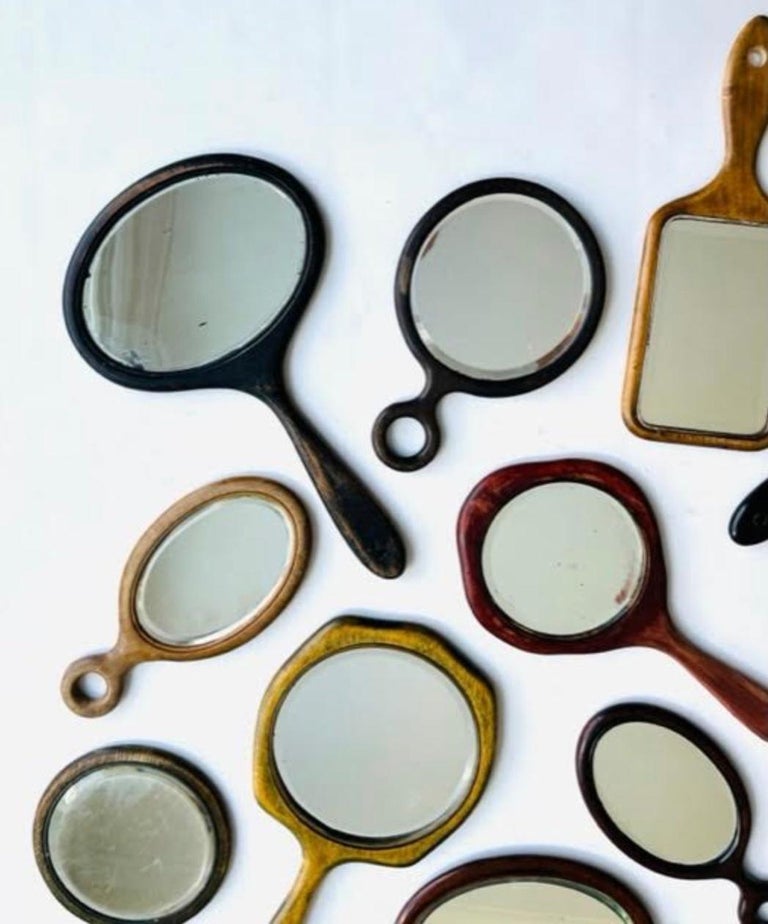 Collection of 15 Antique Wooden Beveled Hand Mirrors For Sale at