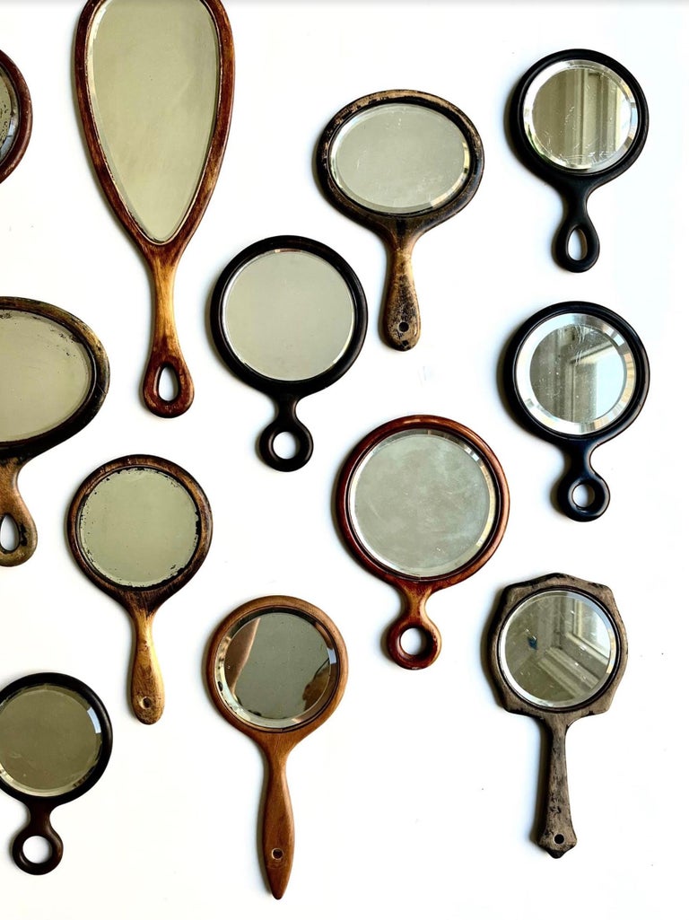 Collection of 16 Antique Hand Mirrors with Beveled Glass For Sale at