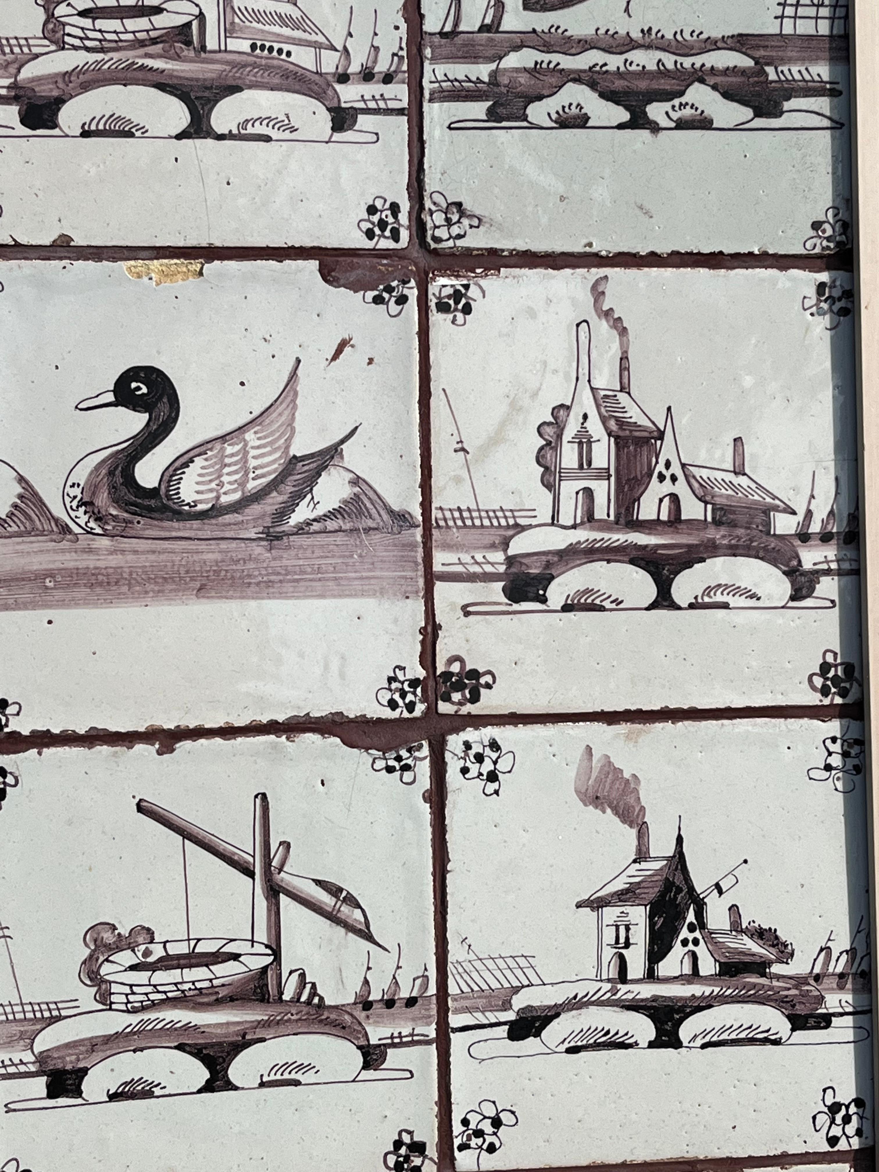 A collection of early 19th century delft tiles depicting castles, windmills, birds and other provincial scenes all mounted on a board and framed with a cream colored frame. Sixteen tiles in all. Unusual color. 
