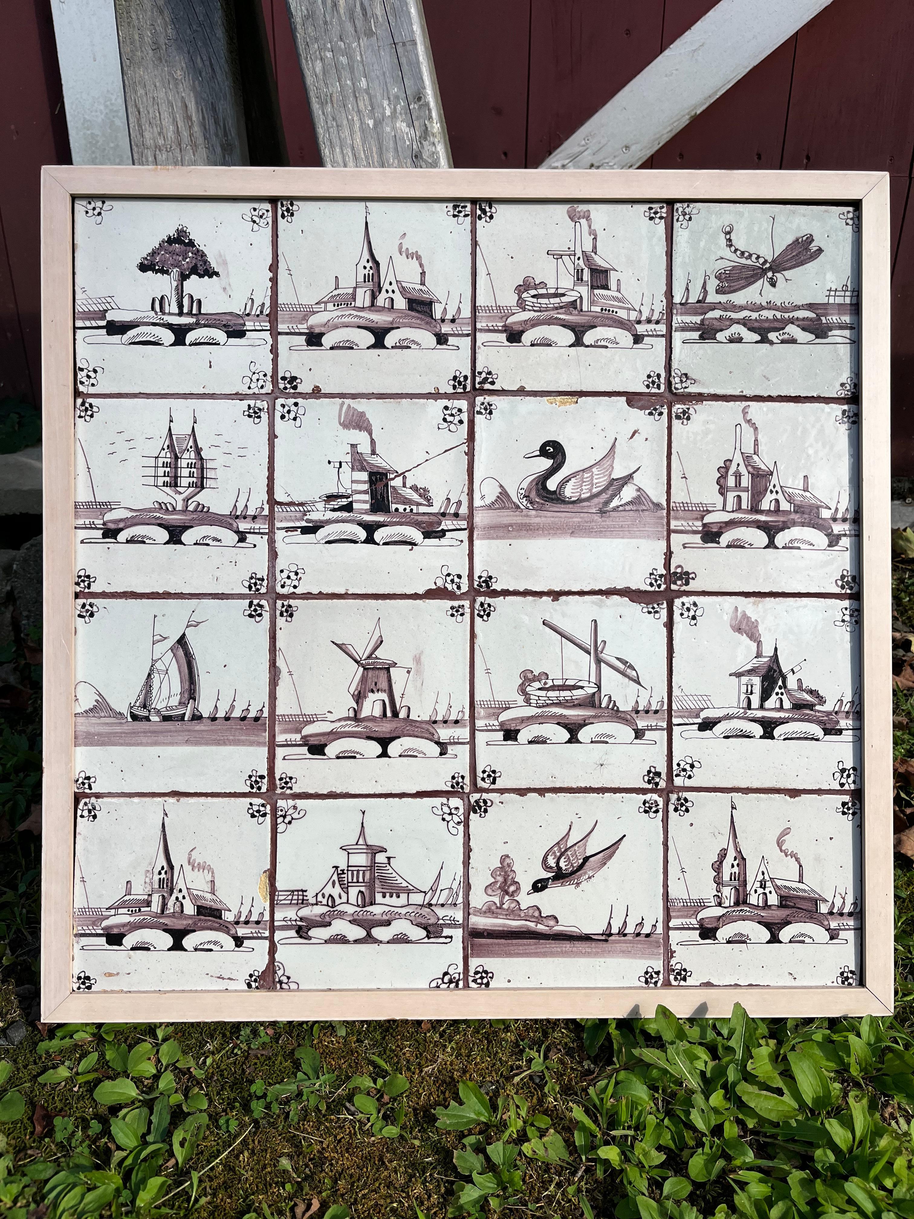Folk Art Collection of 16 Delft Tiles Mounted in Frame