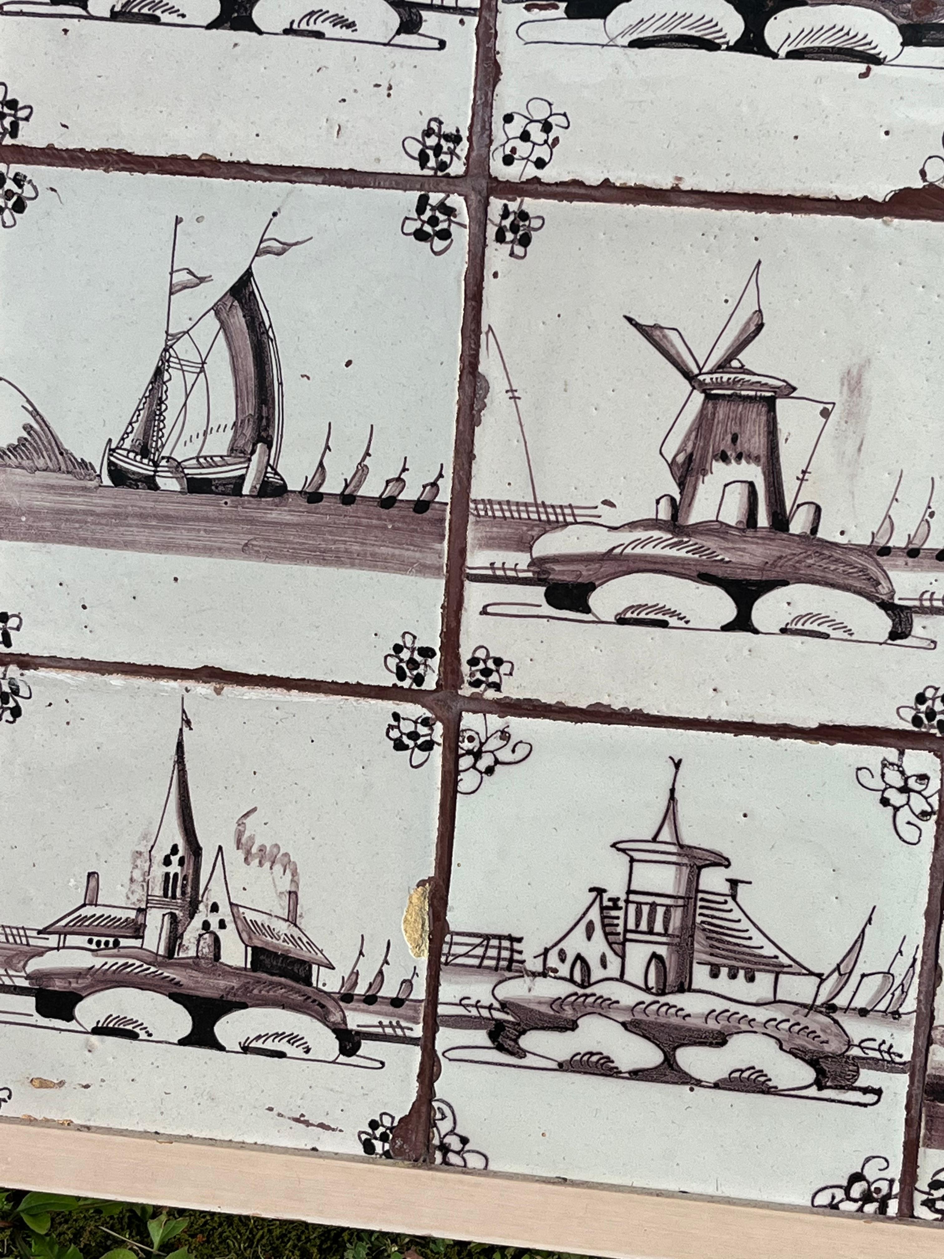 Collection of 16 Delft Tiles Mounted in Frame In Good Condition In Doylestown, PA