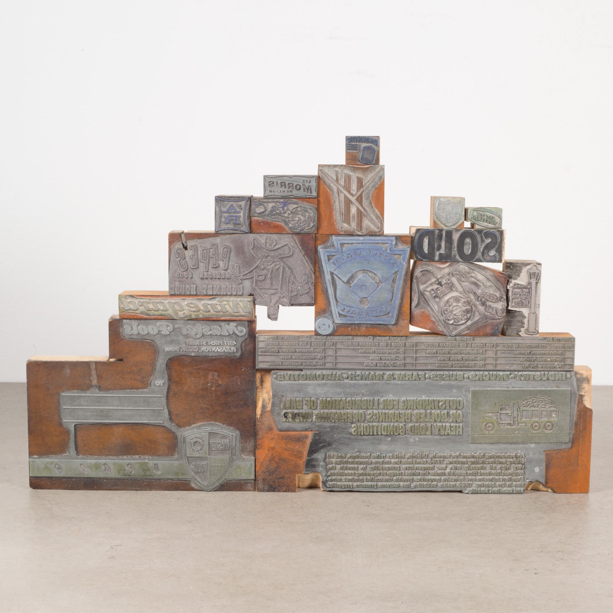 About

A collection of 16 individual metal and wood typeset print blocks used in advertising. Sold as a set.

Creator unknown.
Date of manufacture circa 1940.
Materials and techniques metal on wood.
Condition good minor wear.
Dimensions H 10