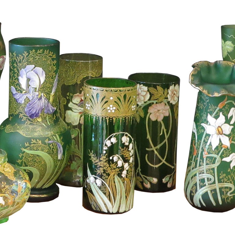 Collection of 18 Green Glass Vases with Enamel Florals For Sale at 1stDibs