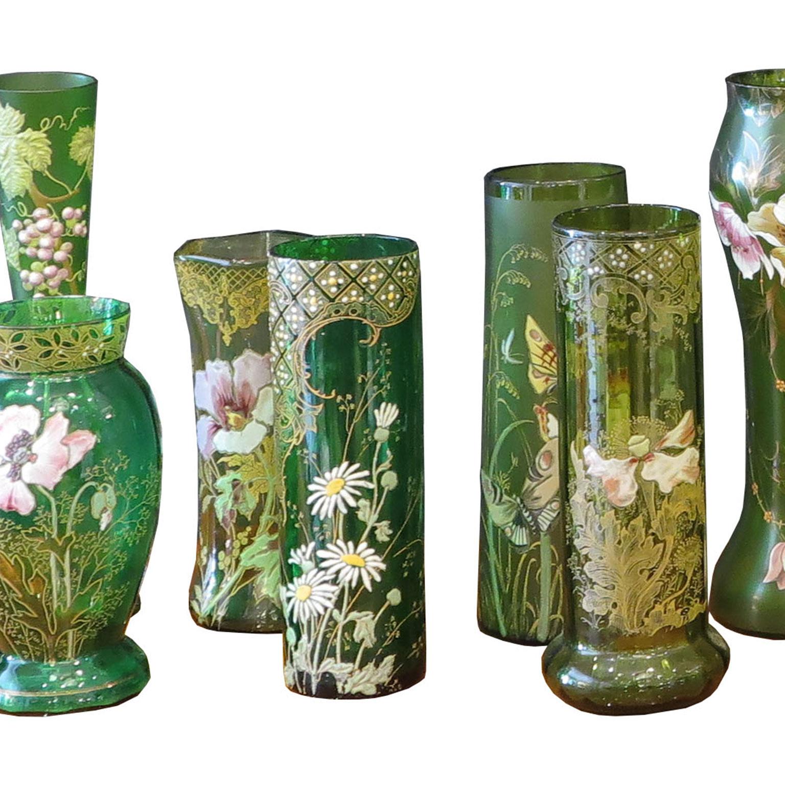 Collection of 18 Green Glass Vases with Enamel Florals In Good Condition For Sale In Los Angeles, CA