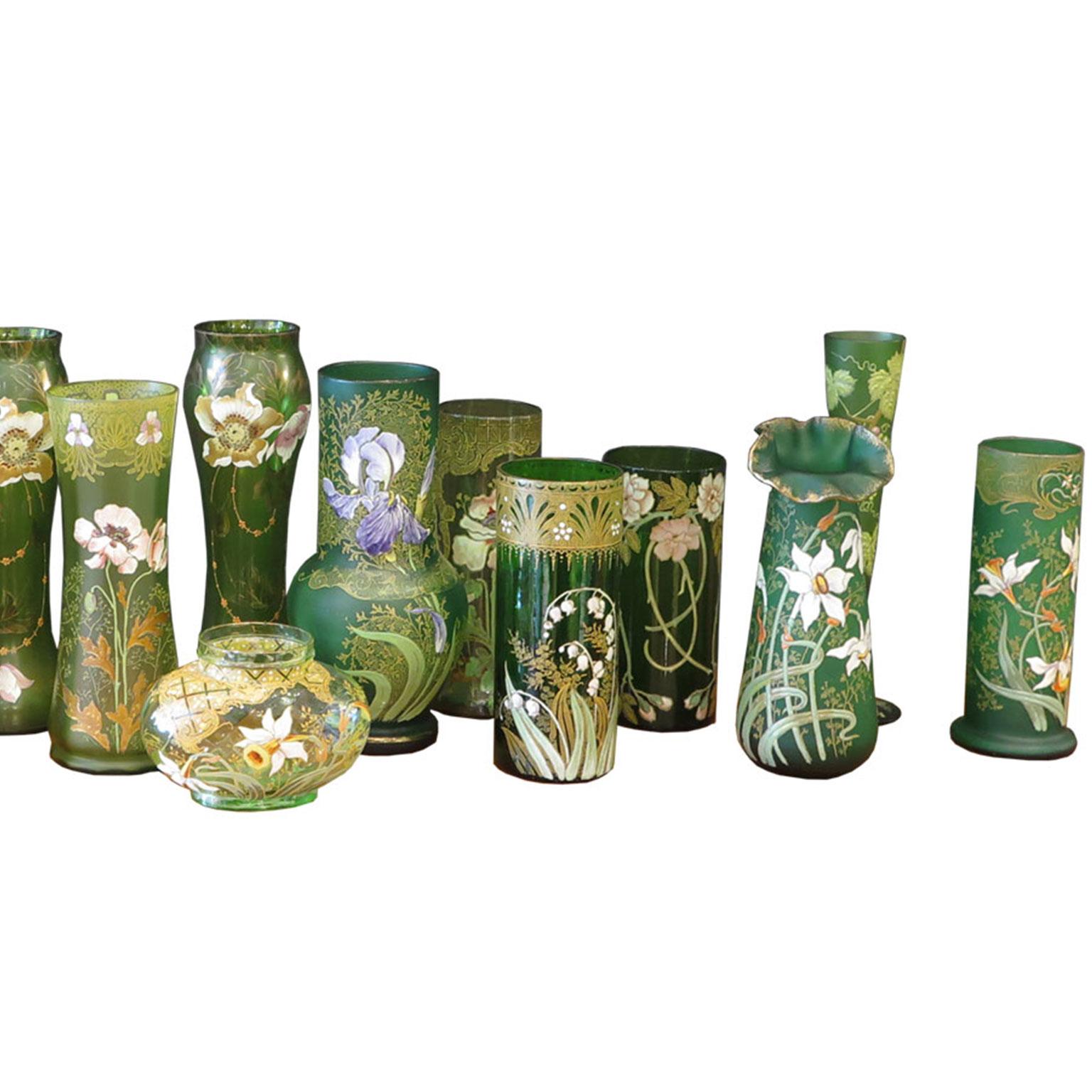 20th Century Collection of 18 Green Glass Vases with Enamel Florals For Sale