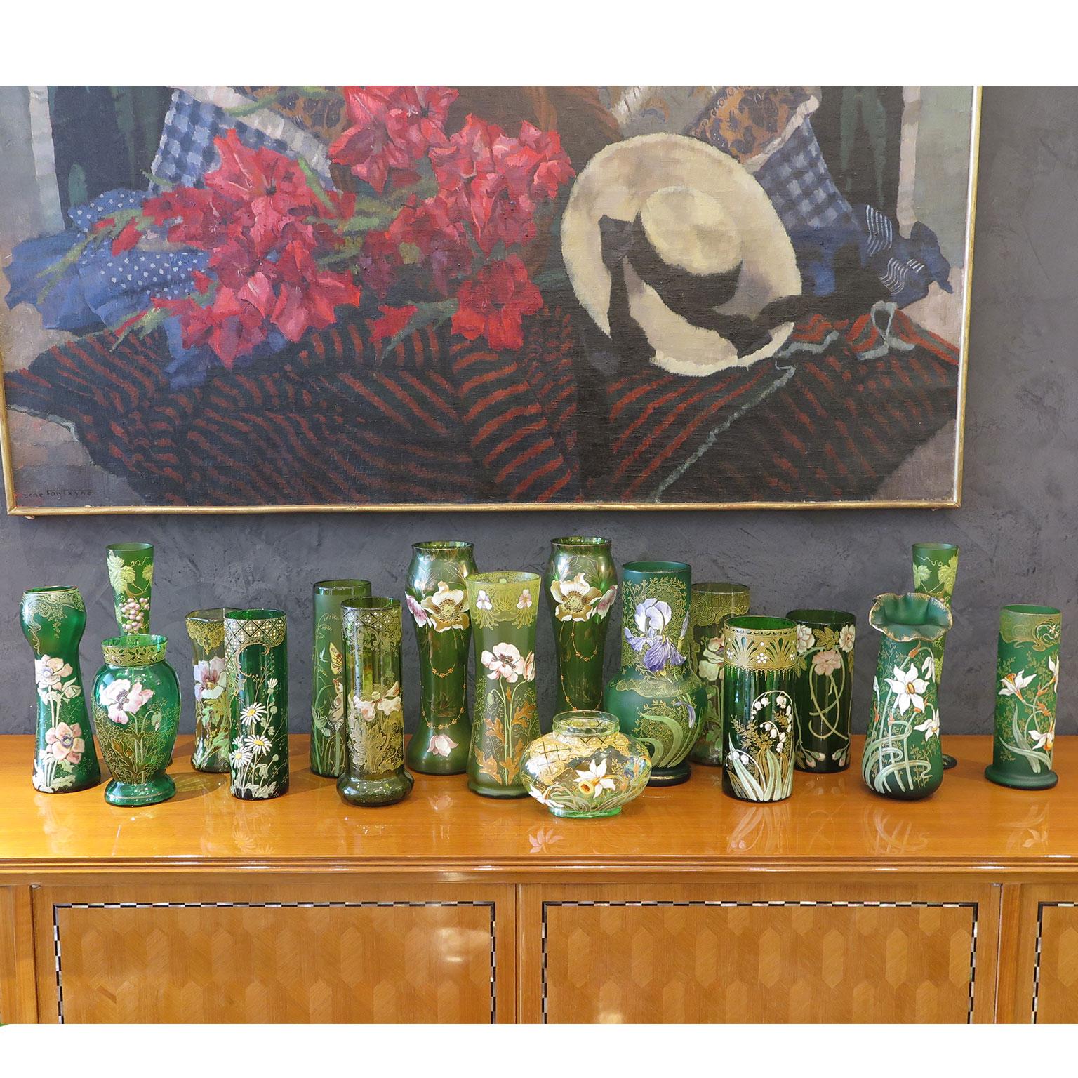 Collection of 18 Green Glass Vases with Enamel Florals For Sale 2