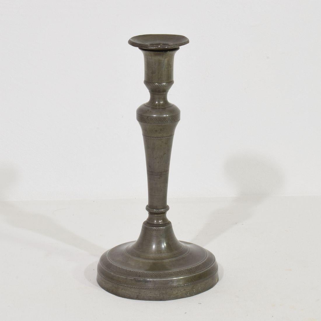 Amazing collection of five pewter candlesticks. They are all different and unique,
France, circa 1750-1850.
Weathered, dented and small losses but these imperfections help authenticate these items as they were utilitarian type pieces
Measures: H: