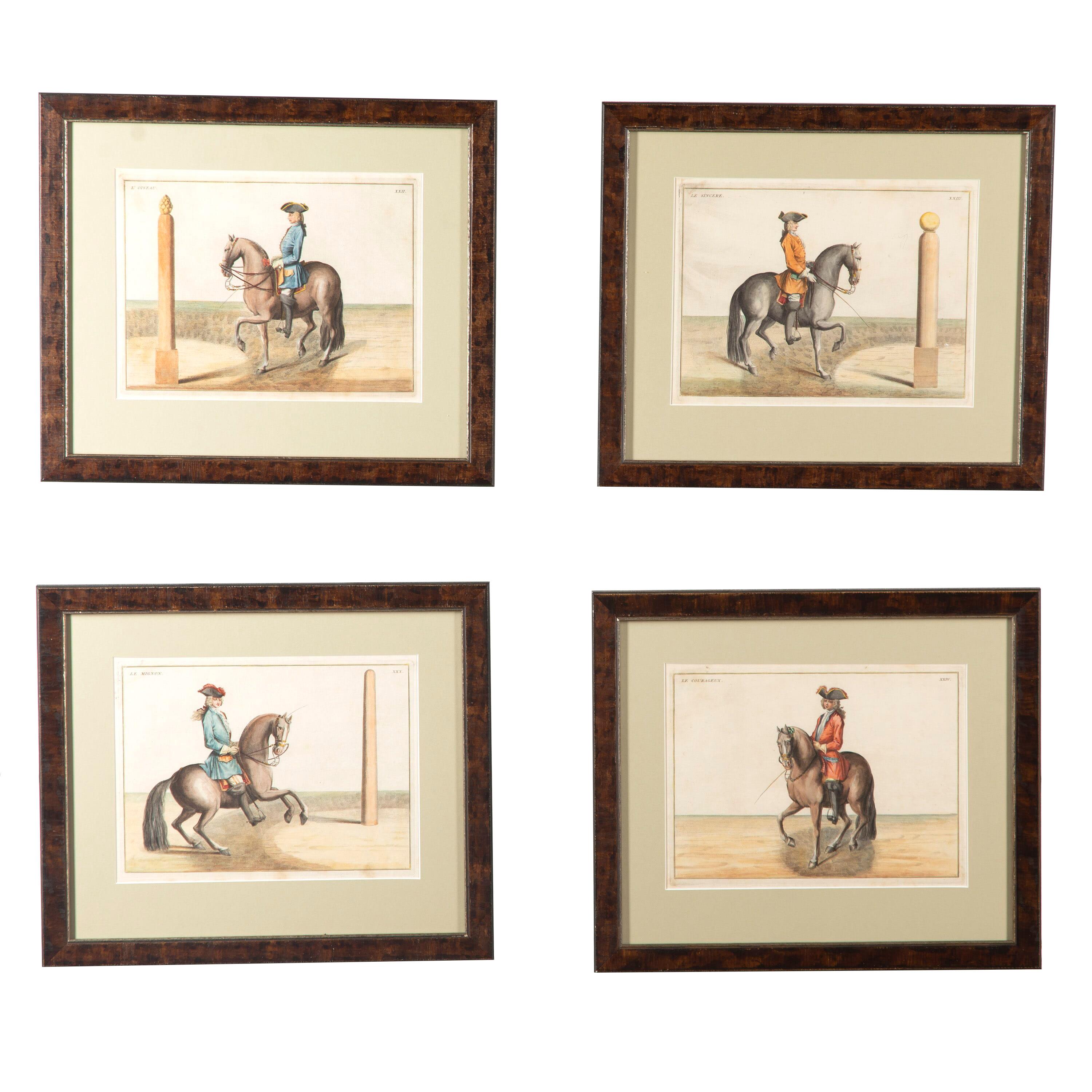 Collection of nine 18th Century Eisenberg horses from Baron Von Eisenberg L”Art de Monter a Chevalier, 1747.
This work on horsemanship was based on the Spanish riding school and was dedicated to King George II. Framed in Italian wooden frames with