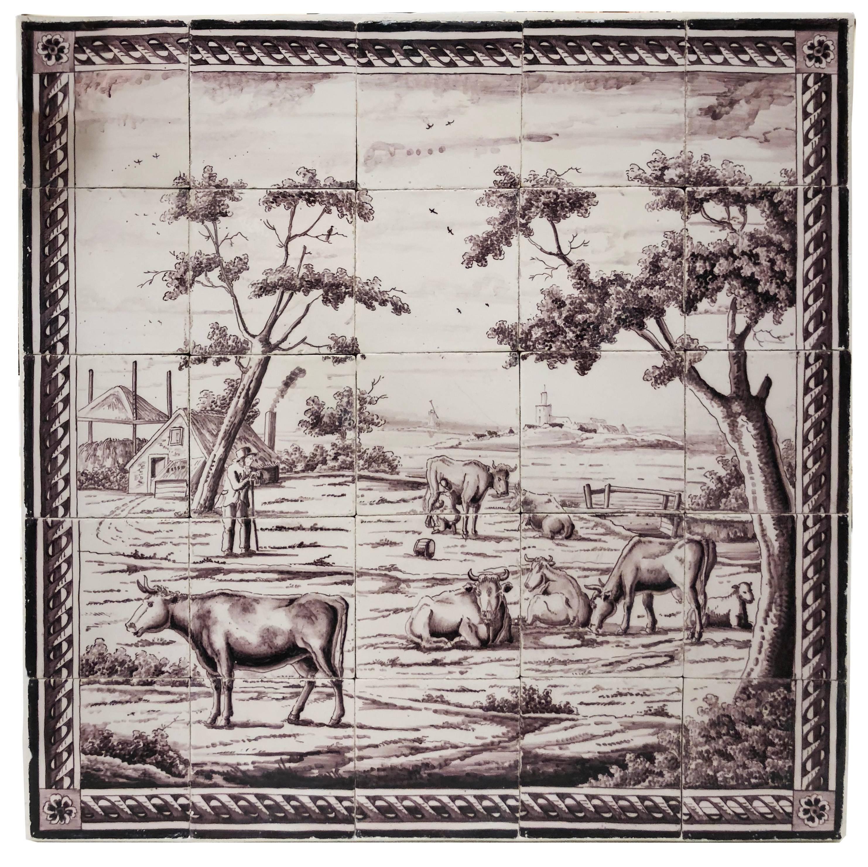 A very attractive grouping of 18th century blue and manganese tiles forming various scenes as well as several runs of decorative tile which may have formed the surrounds of chimney fire boxes. The largest piece represents a bucolic farm scene with