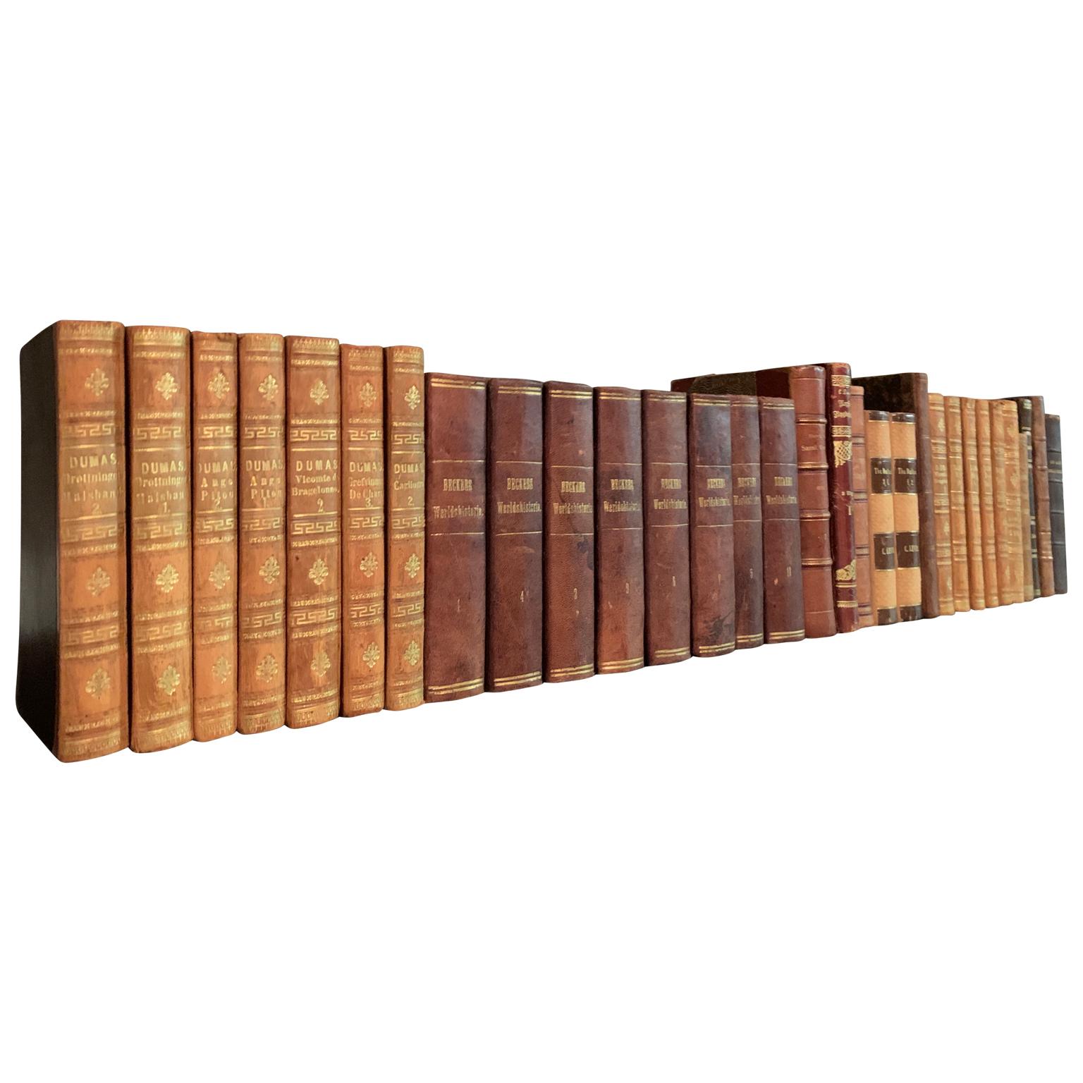 A collection of 19 European decorative antique leather-bound library books dated from 1832-1908.
This lot of books is from the following four European countries; Denmark, Sweden, France and Great Britain. The books are wrapped in leather-bound