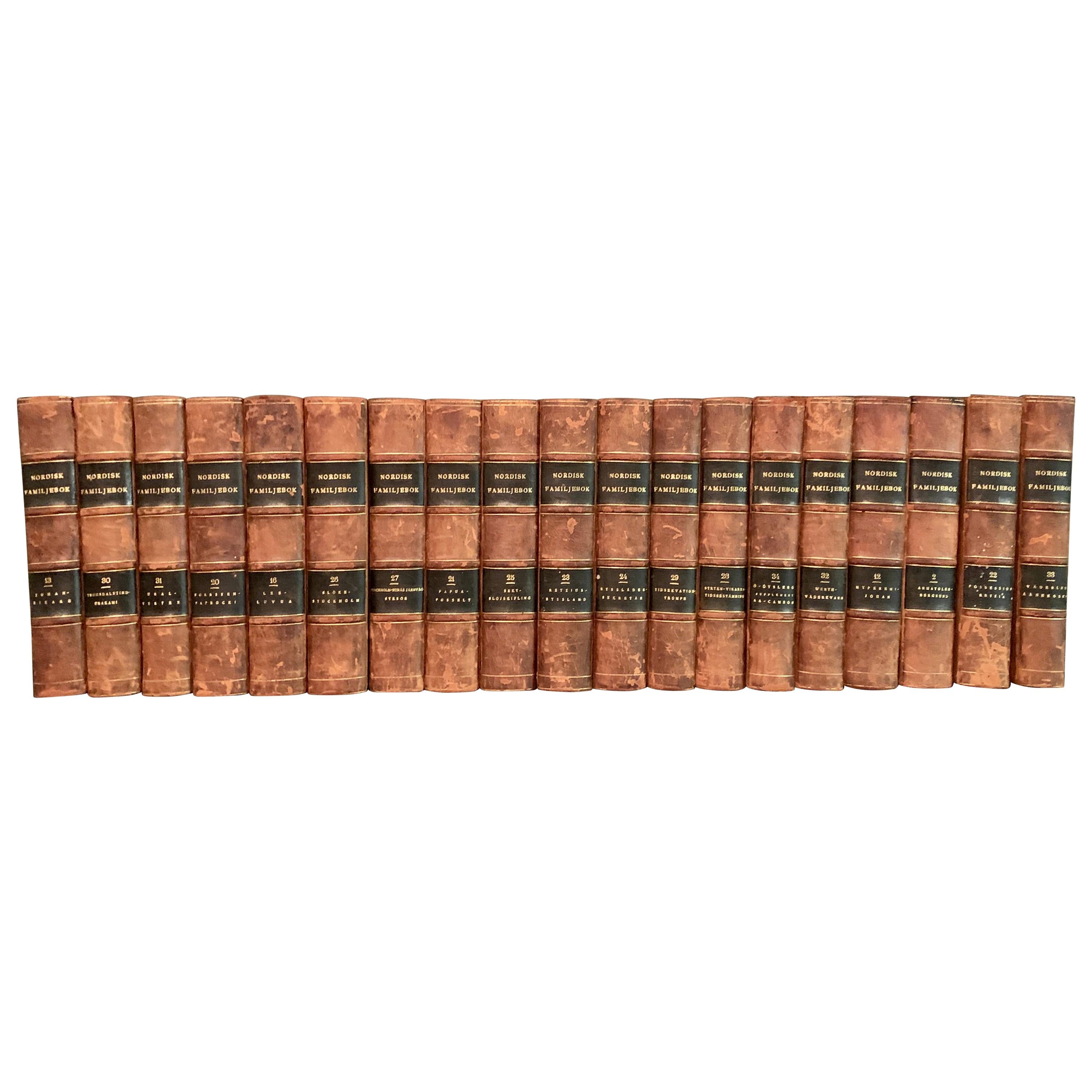 Collection of 19 Scandinavian Antique Leather-Bound Books