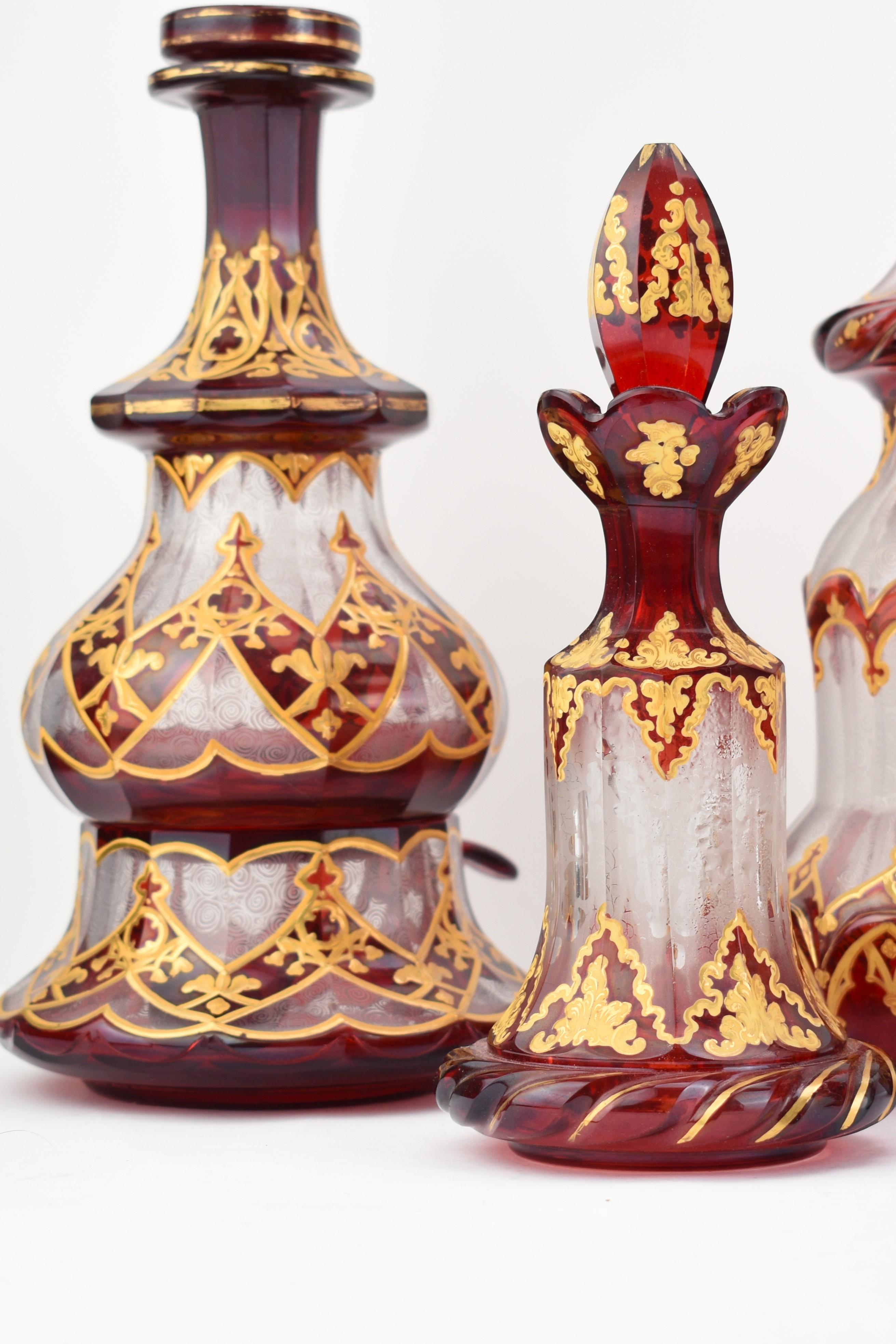 Collection of 19th Century Antique Bohemian Ruby Red Enameled Overlay Glass For Sale 1