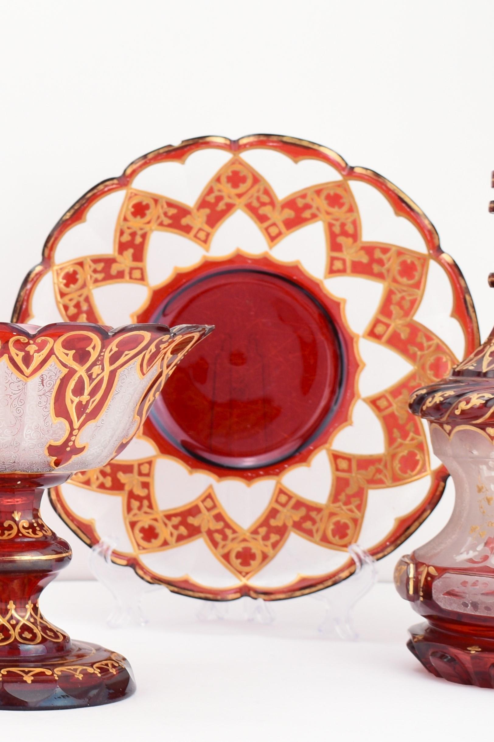 Collection of 19th Century Antique Bohemian Ruby Red Enameled Overlay Glass For Sale 2