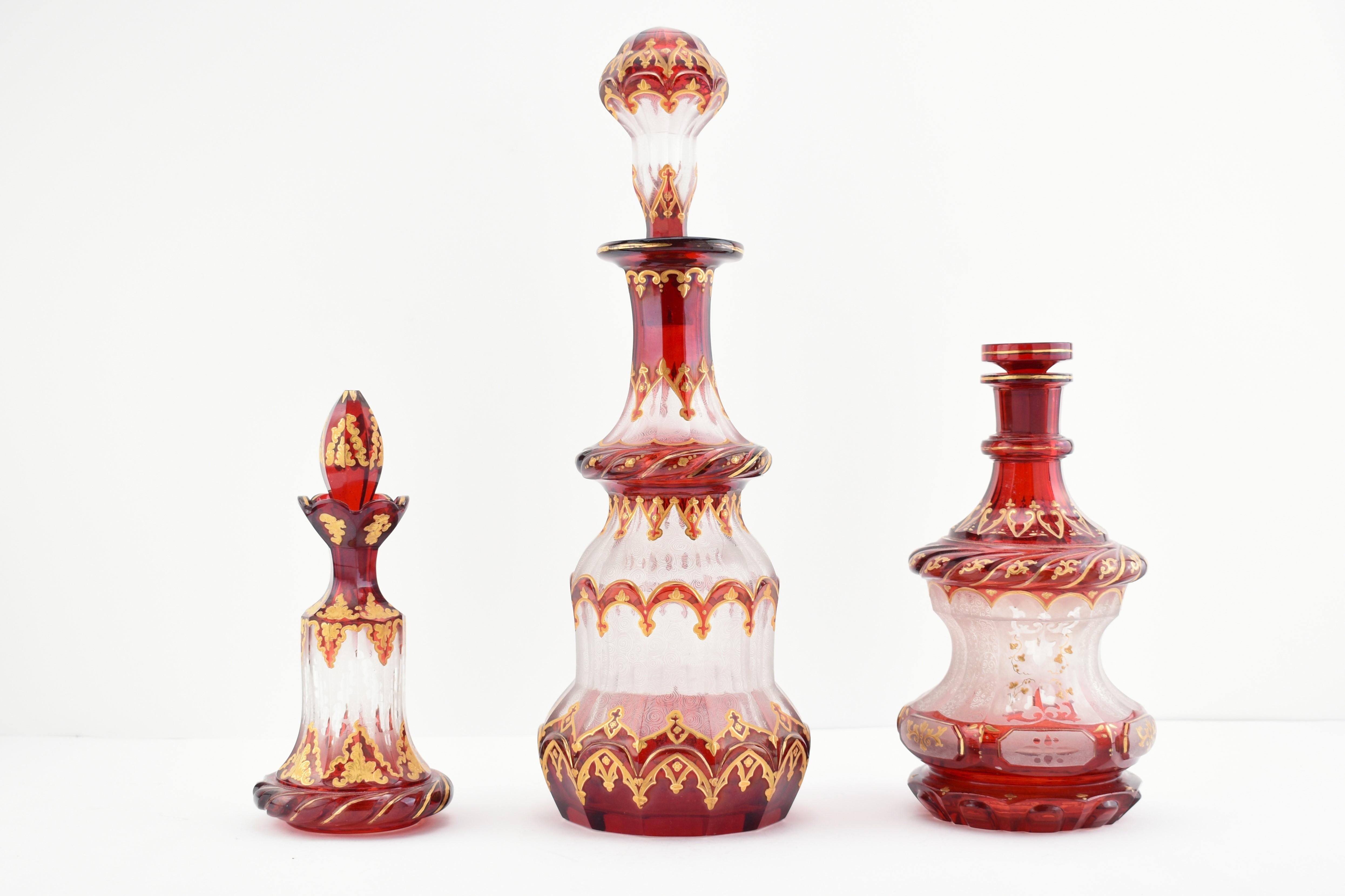 Collection of 19th Century Antique Bohemian Ruby Red Enameled Overlay Glass For Sale 4