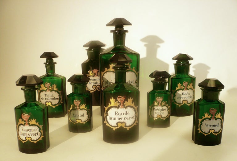 Collection of 19th Century Green Cut Glass Apothecary Bottles at 1stDibs