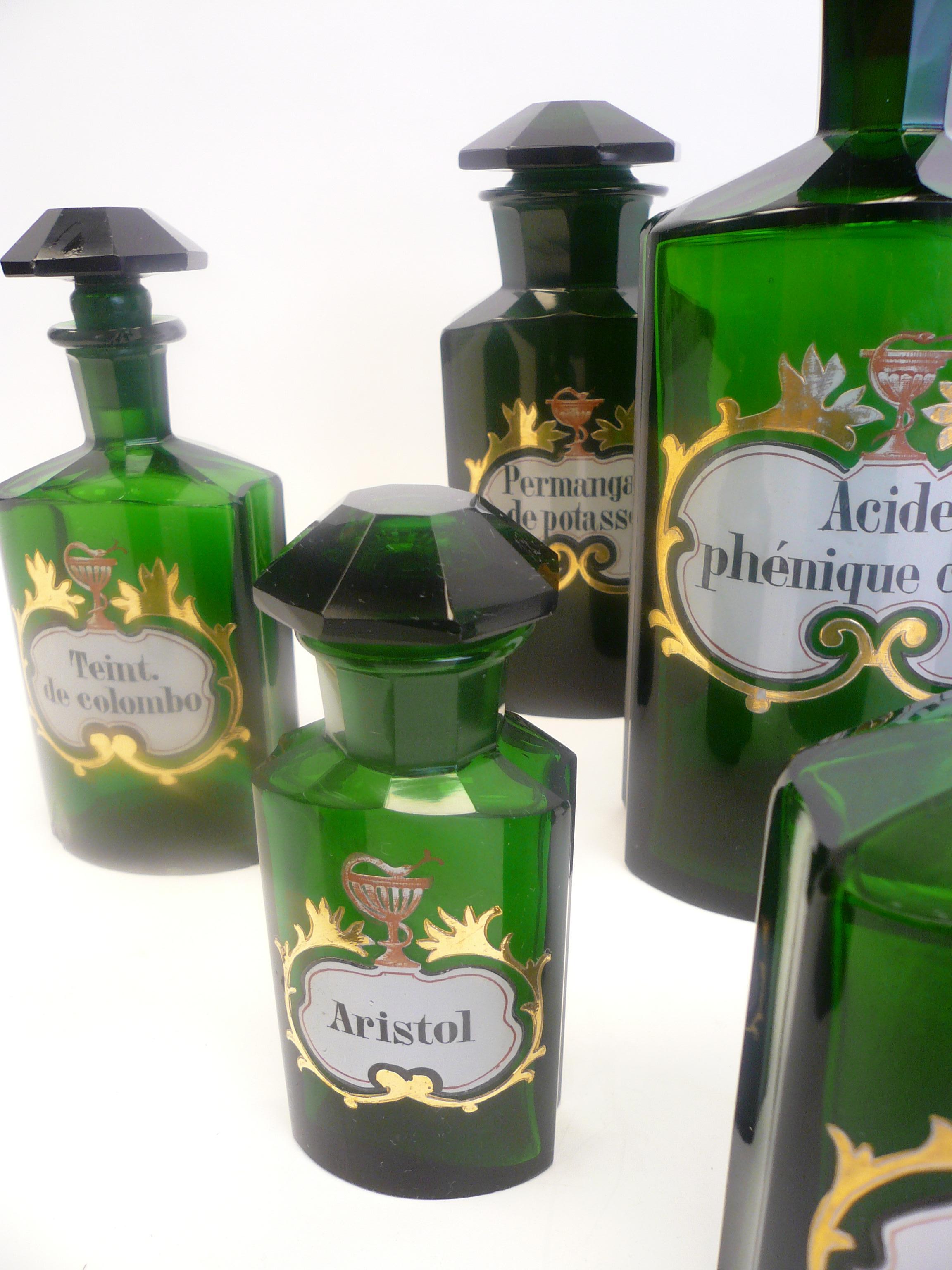 Victorian Collection of 19th Century Green Cut Glass Apothecary Bottles