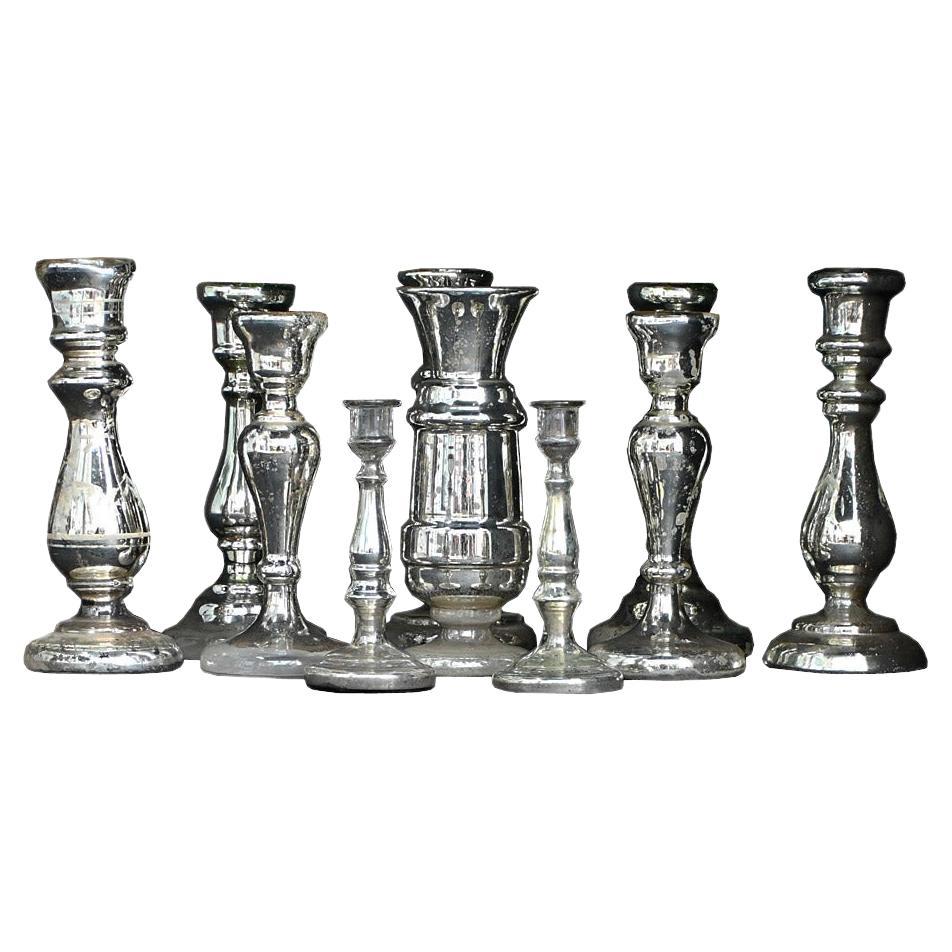 Collection of 19th Century Mercury Glass French Candle Sticks For Sale
