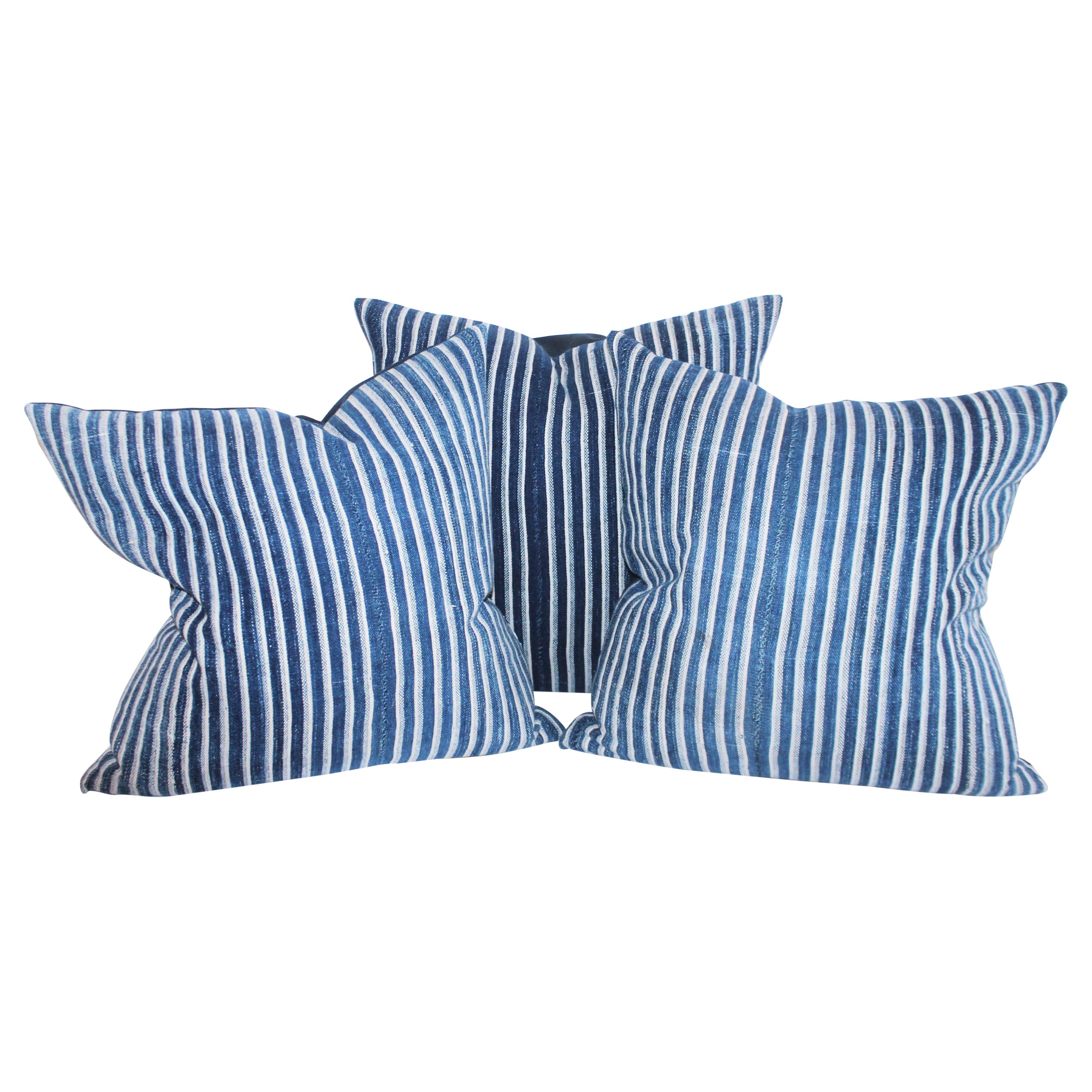 Collection of 19th Century Ticking Pillows-Faded Indigo Stripes For Sale