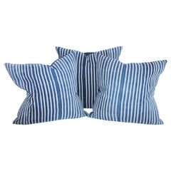 Antique Collection of 19th Century Ticking Pillows-Faded Indigo Stripes