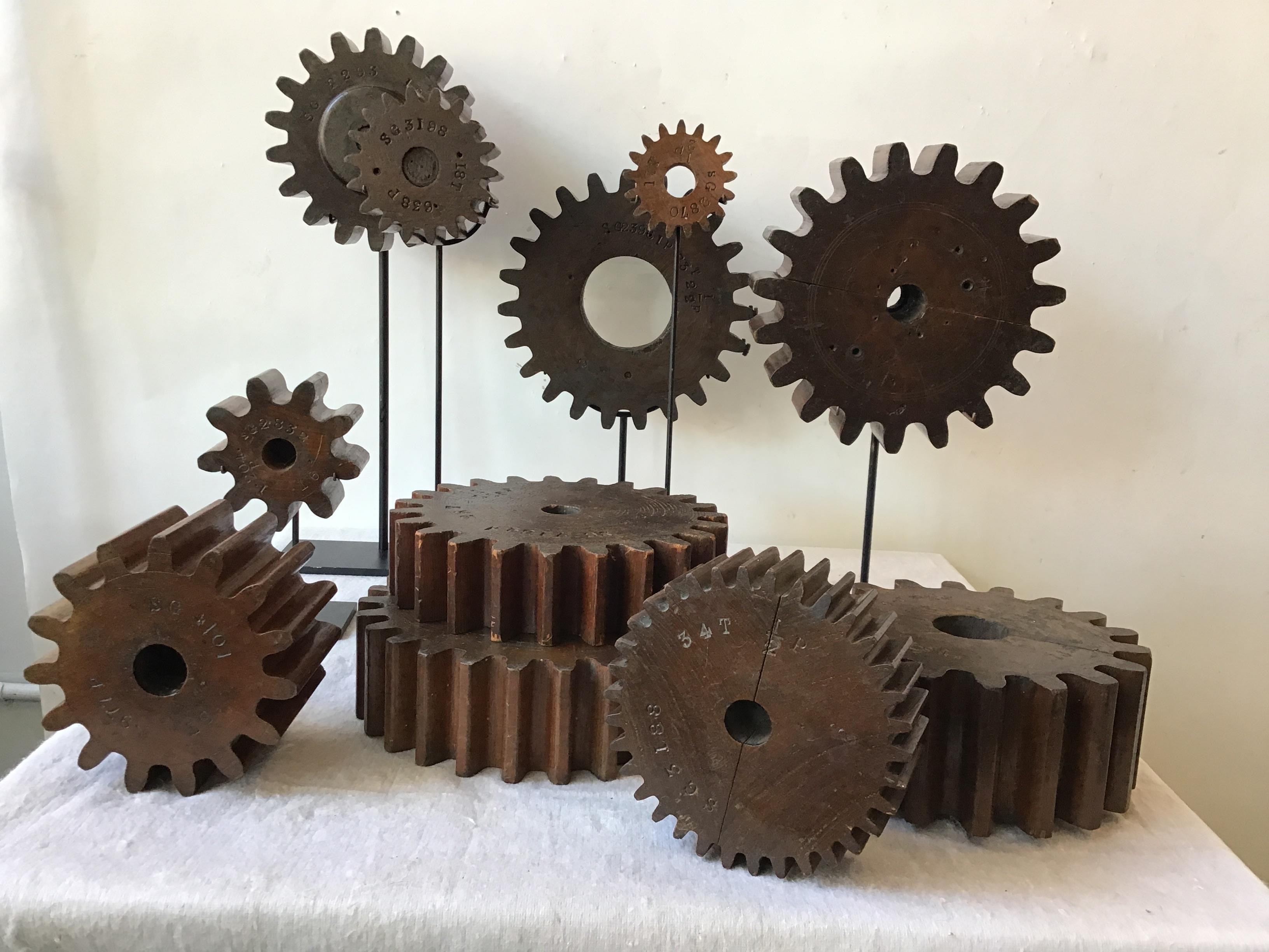 Collection of 19th century wood gears. Some on custom made stands 11 in total. From a Southampton, NY estate.