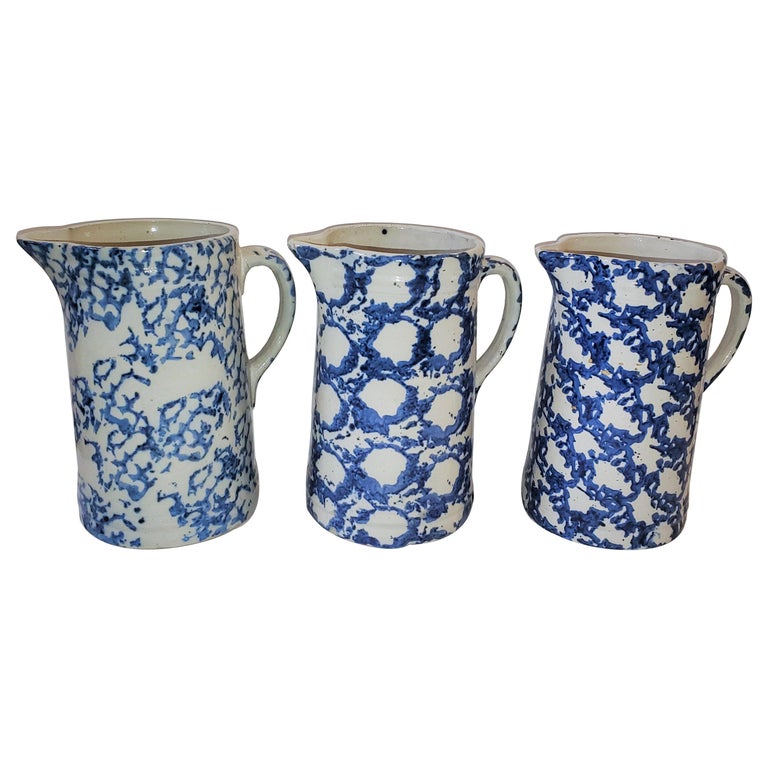 Collection of 19thc Sponge Ware Pitchers in Unusual Patterns -3 Pcs For ...