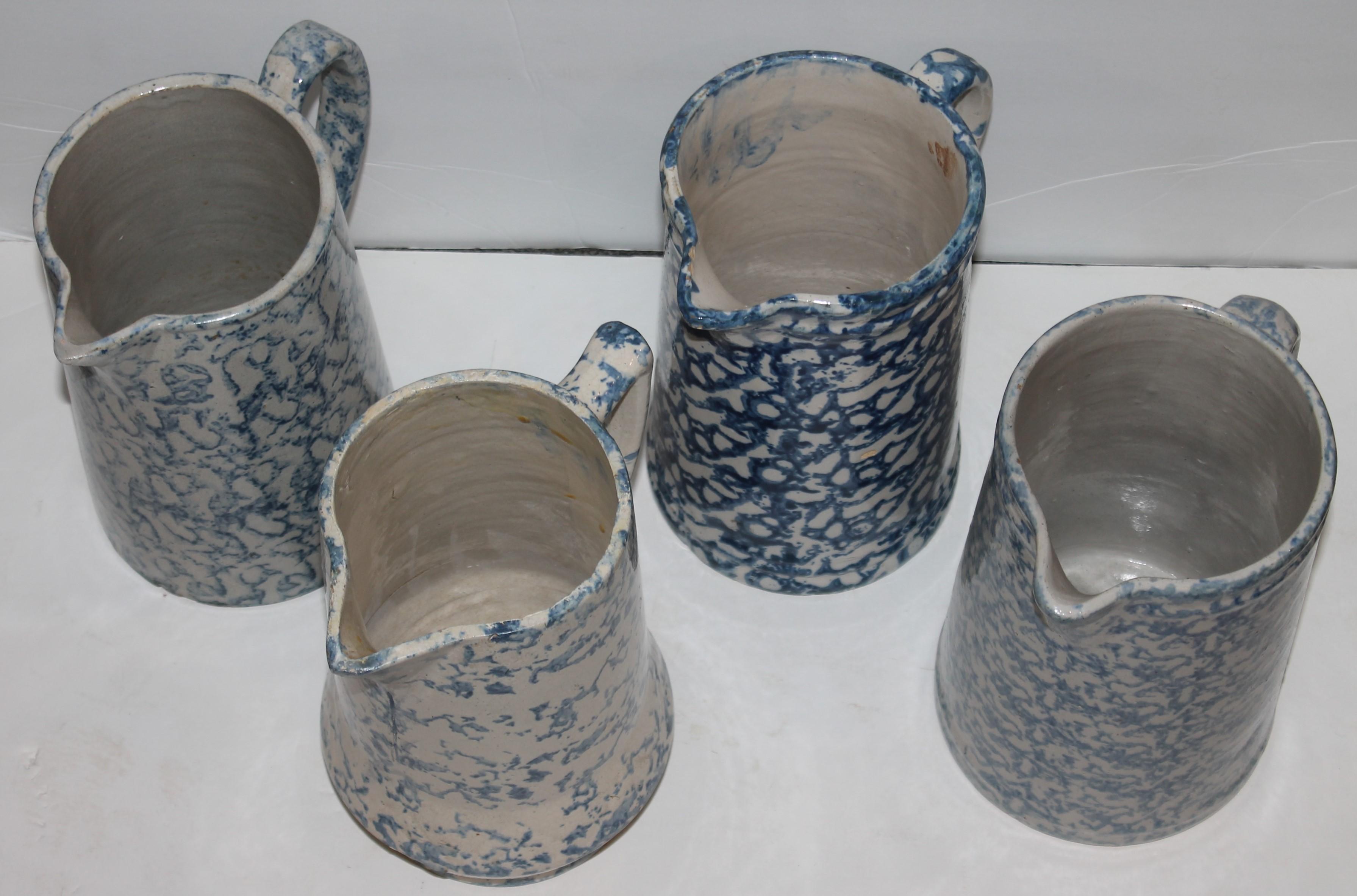 Country Collection of 19th Century Sponge Ware Pottery Pitchers-4