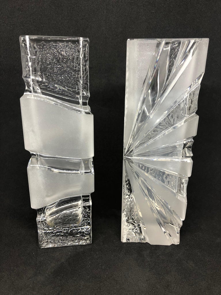 An amazing collection of German ice block glass modern vases, circa 1980s. These are heavy glass items in clear and satin glass, outside like ice glass. They are in very good condition with no chips, cracks, or flea bites.