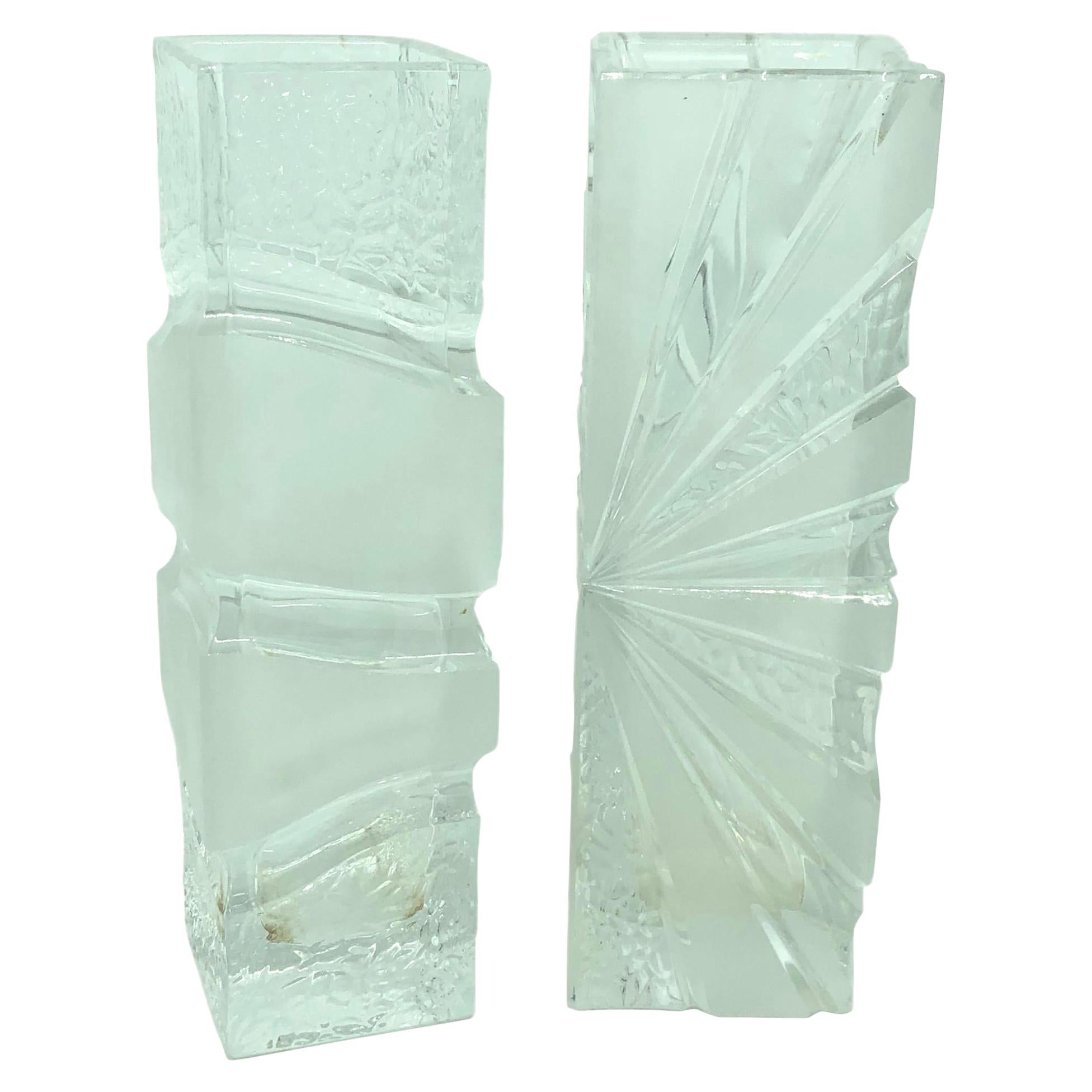 Collection of 2 Ice Block Glass Vases, German, 1980s