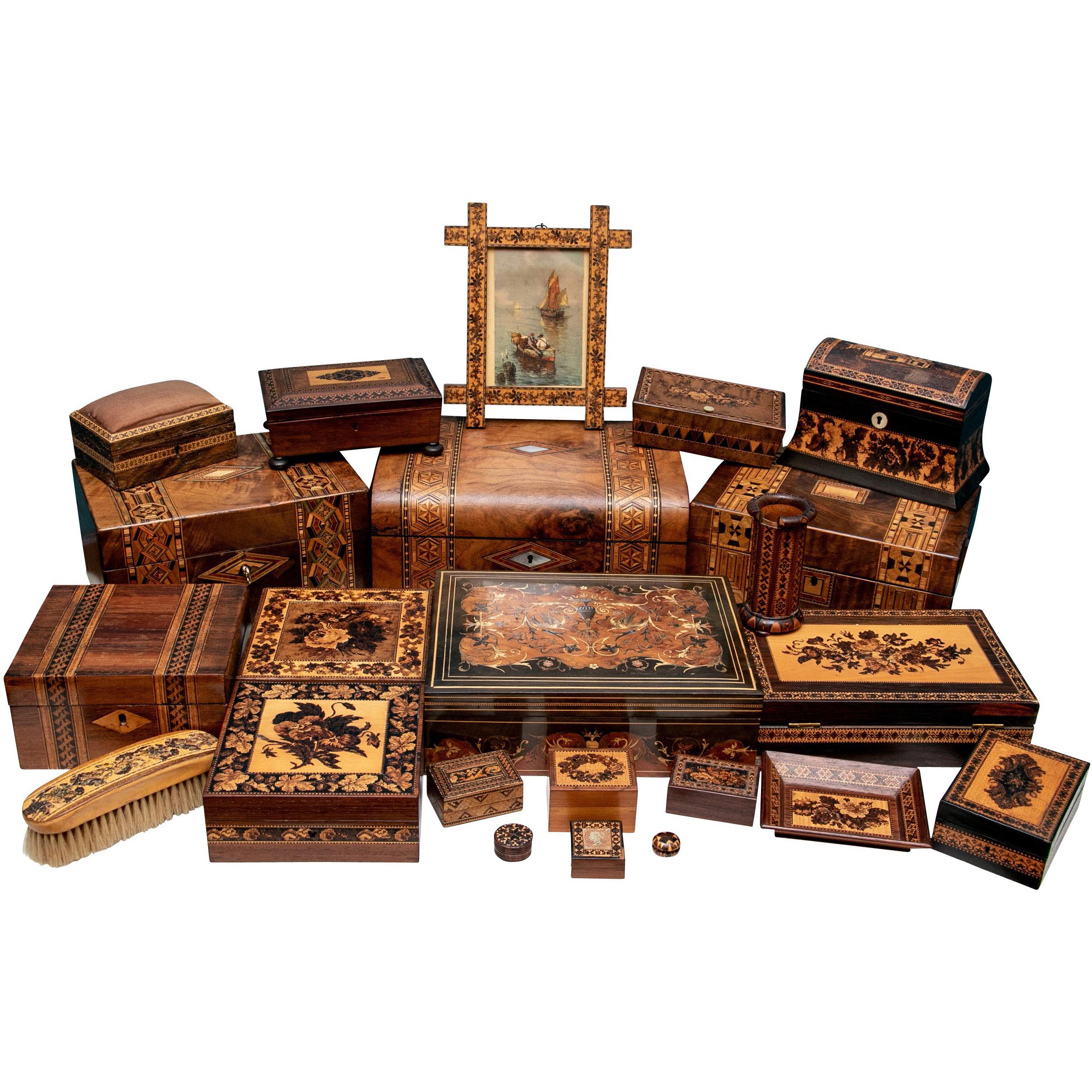 Collection of 20 Antique Turnbridge Wells Inlaid Wood Boxes and Accessories For Sale at 1stDibs