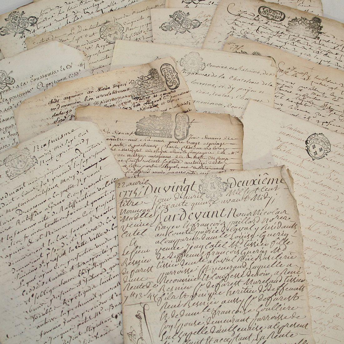 Bundle of 20 extremely old handwritings on paper, France, 17th-18th century. Weathered.