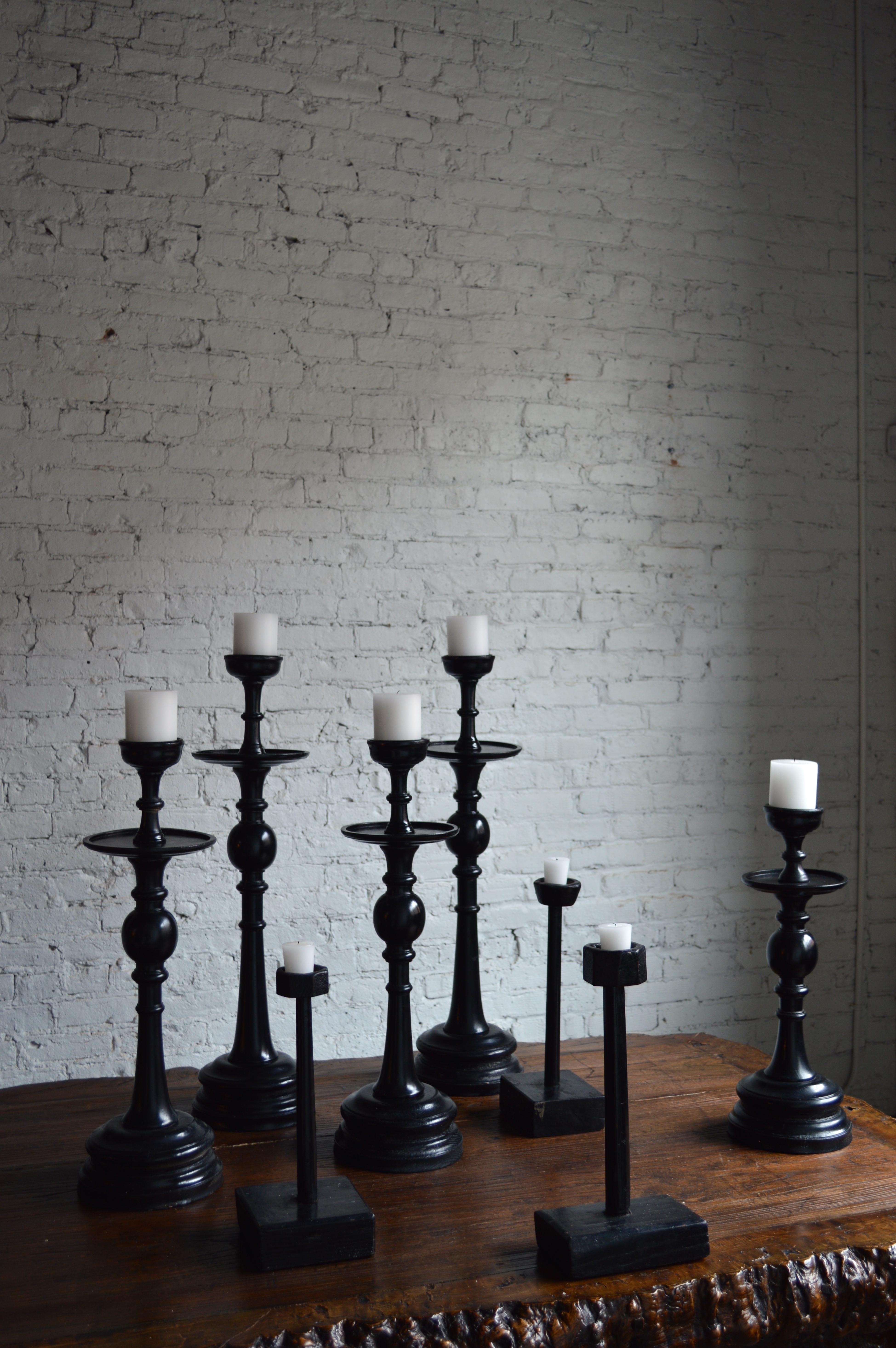 Lacquered Collection of 20th Century and Antique Chinese Set of Eight Wooden Candlesticks