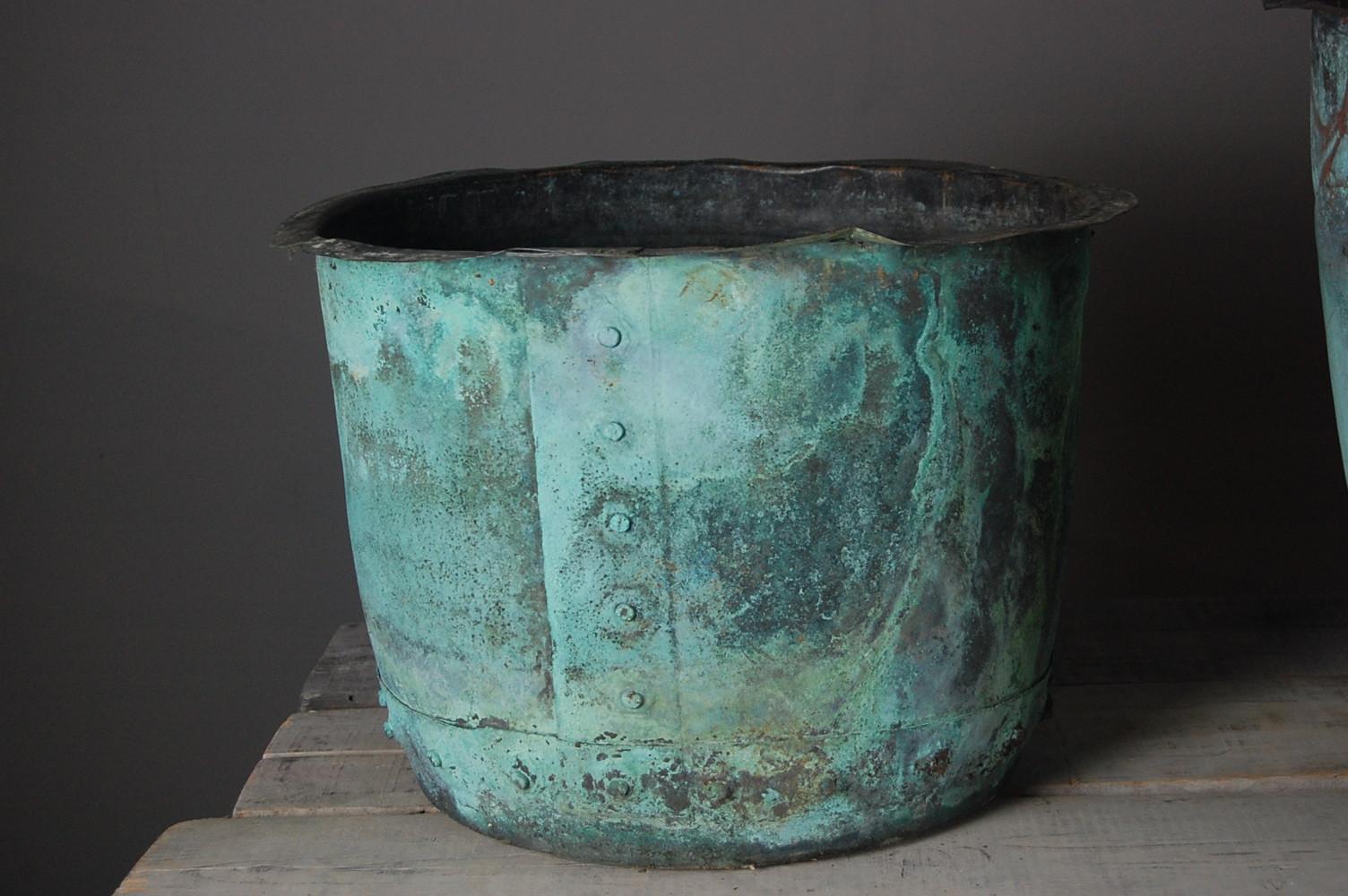 Wonderful collection of 3, naturally patinated, verdigris English Coppers. Mid-19th century and originally used as boiling pots, the wonderful natural vivid green patination is quite spectacular. This collection have been drilled to the base to be