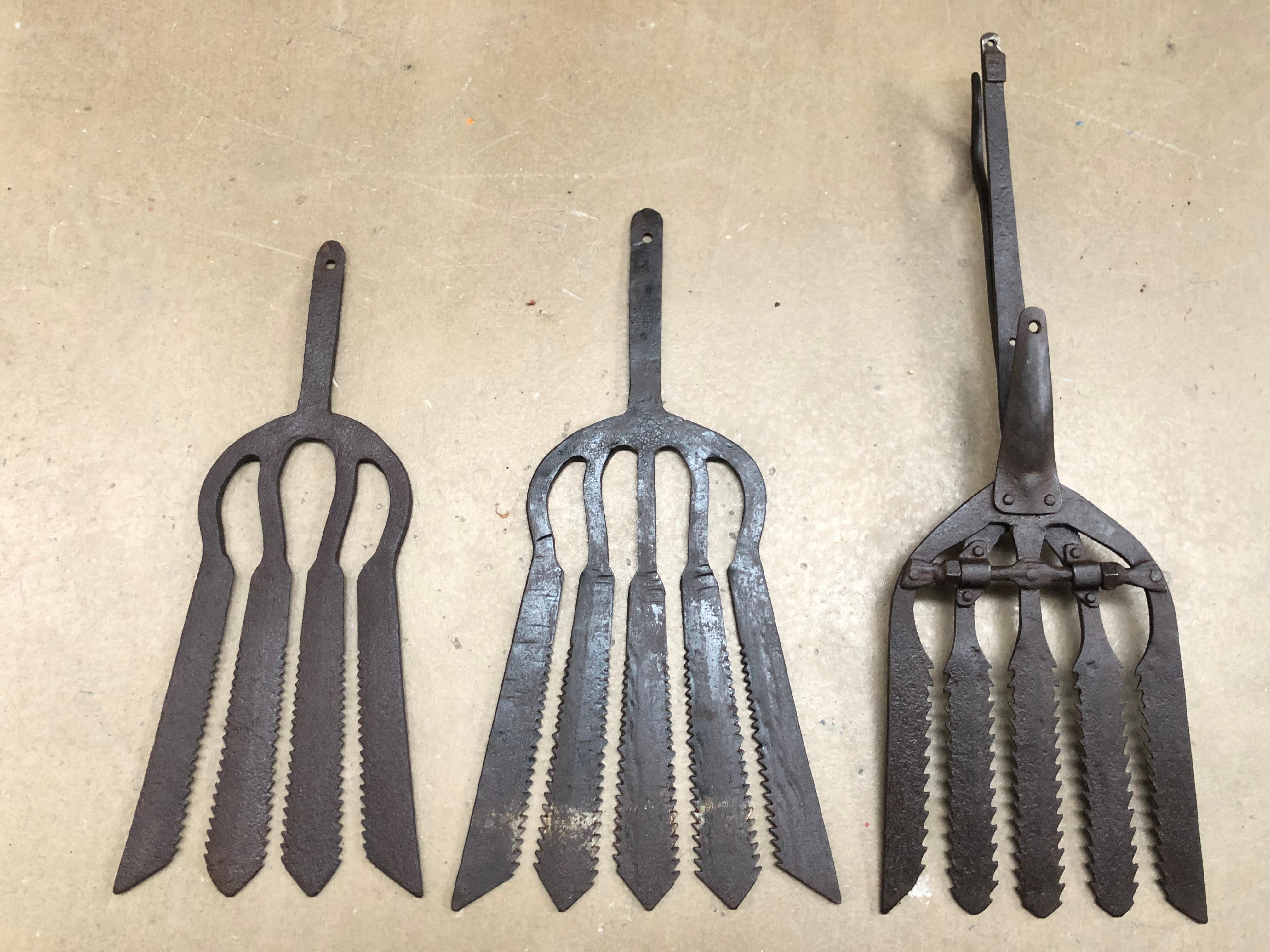A collection of 3 wrought iron eel forks from the 18th century. 
Extremely decorative and each one unique. 
Each one is a work of art. 
Sizes vary from 41 cm to 58 cm. 
Would look amazing in a fish restaurant, bar, club or even in your home.
In