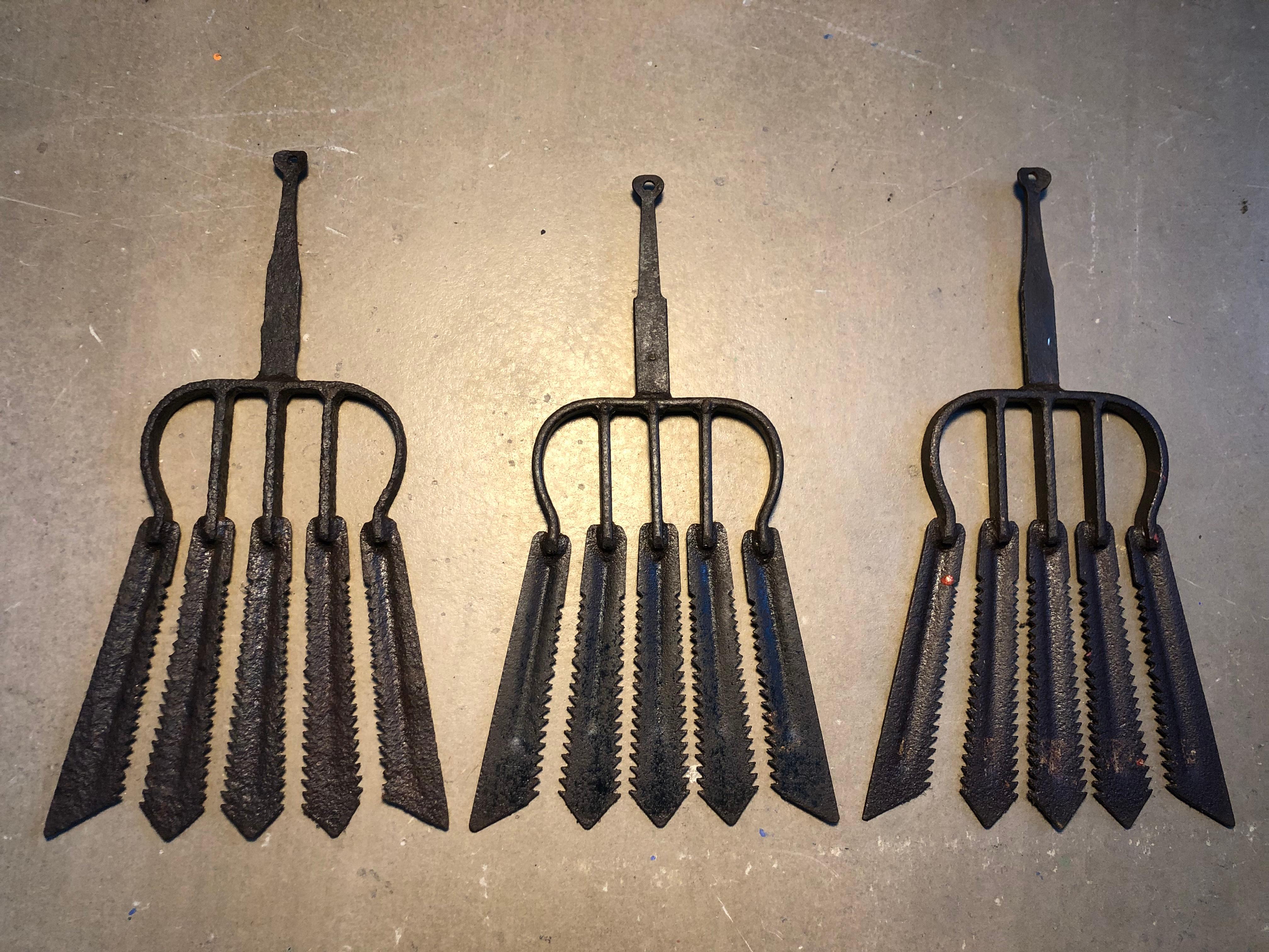 A collection of 3 wrought iron eel forks from the 18th century. 
Extremely decorative and each one unique. 
Each one is a work of art. 
Length 40cm width 22cm. 
Would look amazing in a fish restaurant, bar, club or even in your home.
In 2009