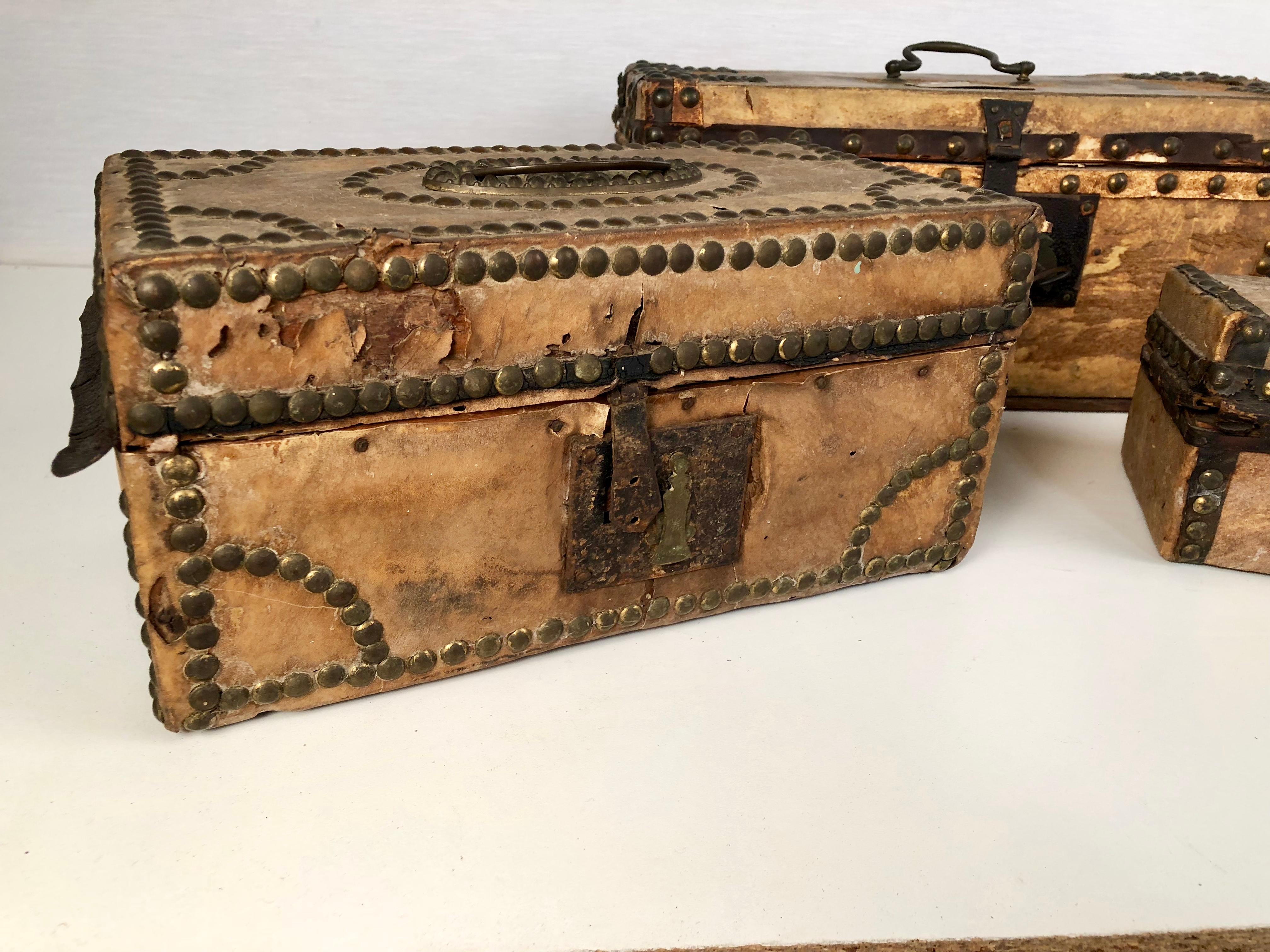 French Provincial Collection of 3 Early Parchment Covered Boxes