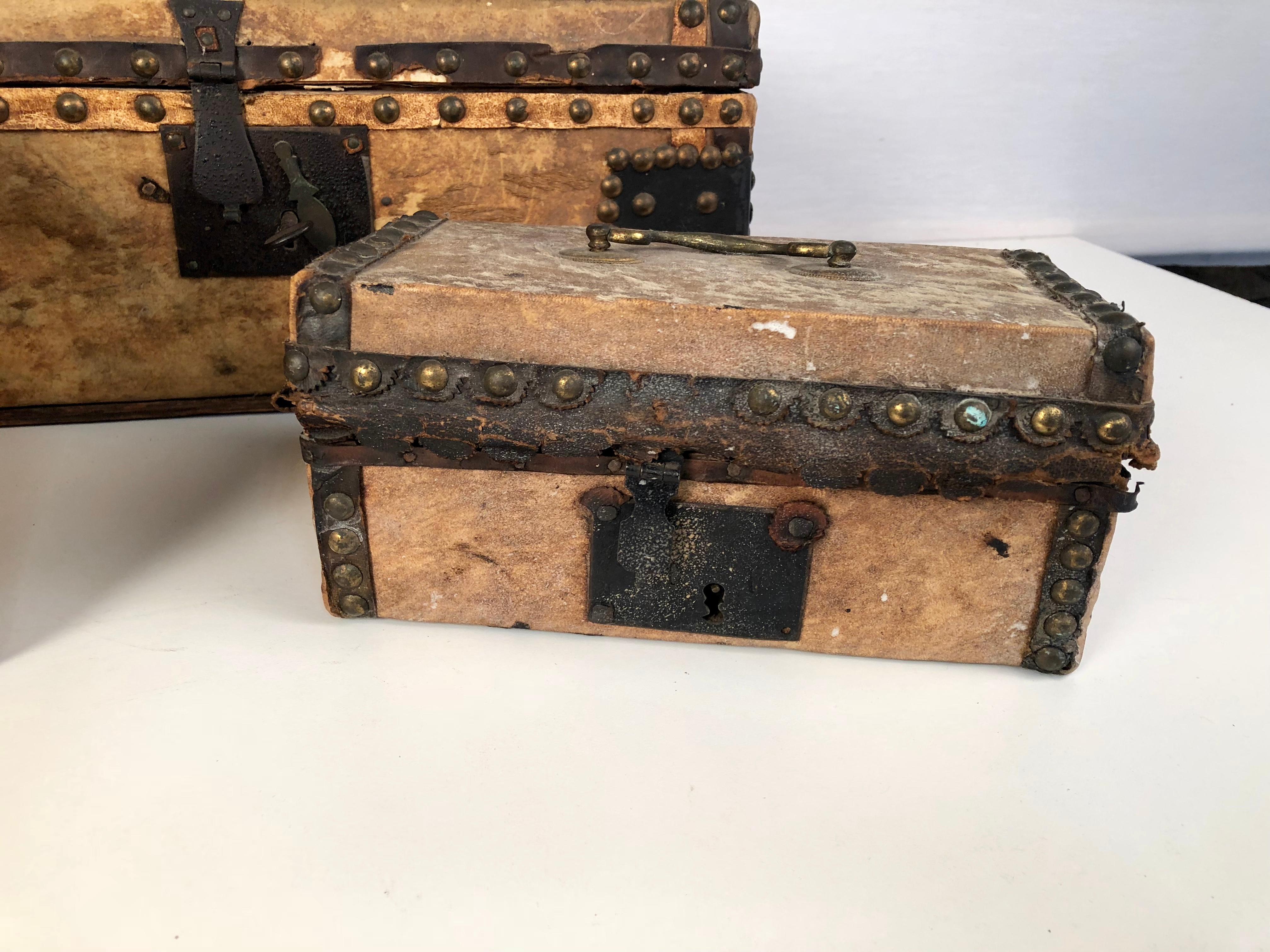 Collection of 3 Early Parchment Covered Boxes In Fair Condition In Doylestown, PA