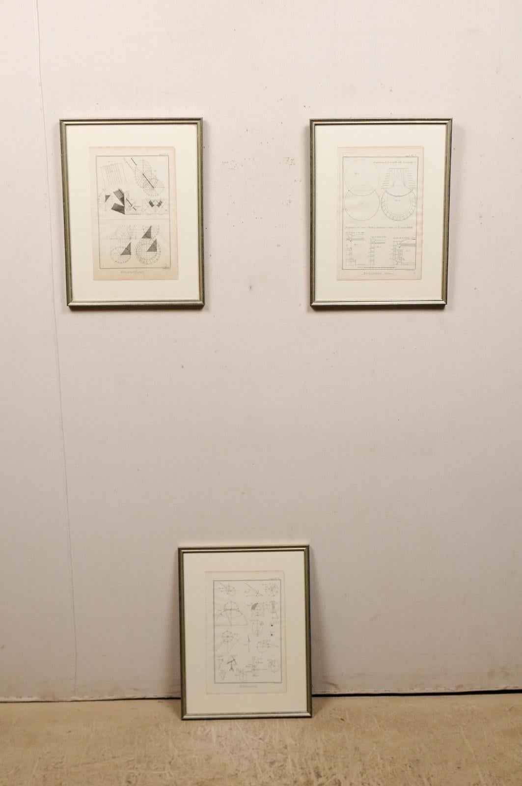 A collection of three framed French 18th century Bernard Direx renderings. This is a set comprised of framed architecture, astronomy and geometric renderings from French artist Bernard Direx. Each rendering was originally part of a larger book, and