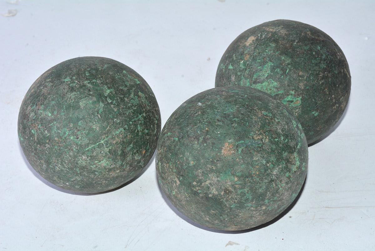 Antique handmade collection of 3 Italian bocce balls or French “boules” with wonderful green patina finish. The Italians call these balls bocce balls and the French “boules” or “boules de Pétanque”. The game of bocce or boules are very similar.