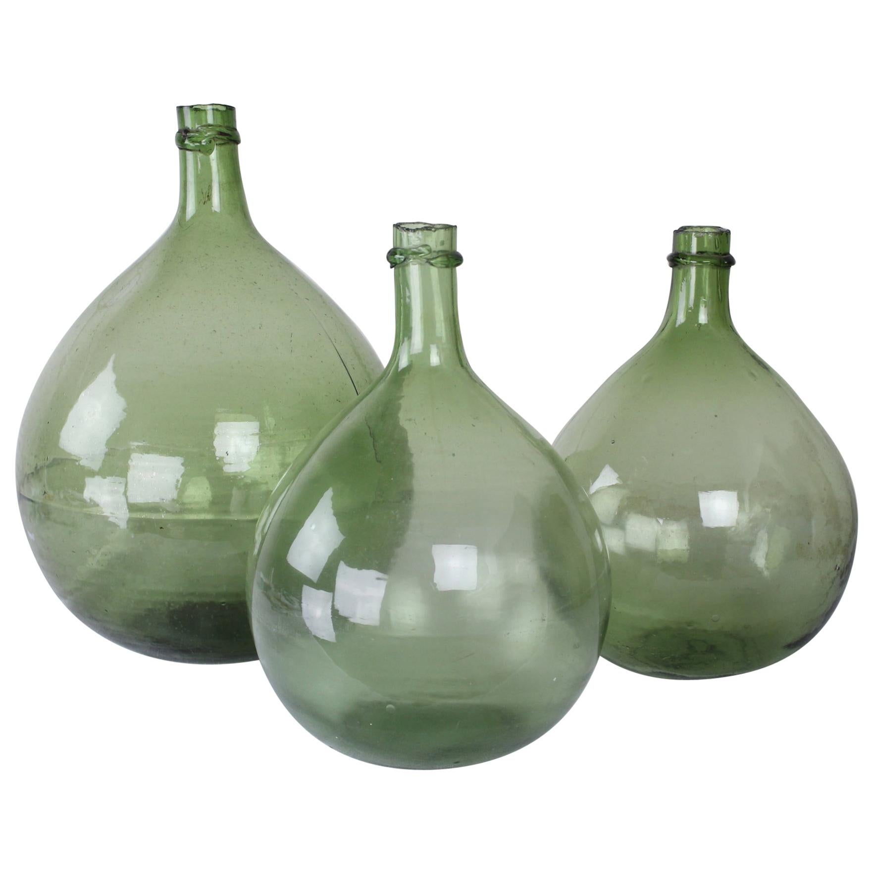 Collection of 3 Green Glass French Demijohn Bottles