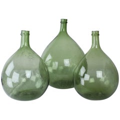 Antique Collection of 3 Green Glass French Demijohn Bottles