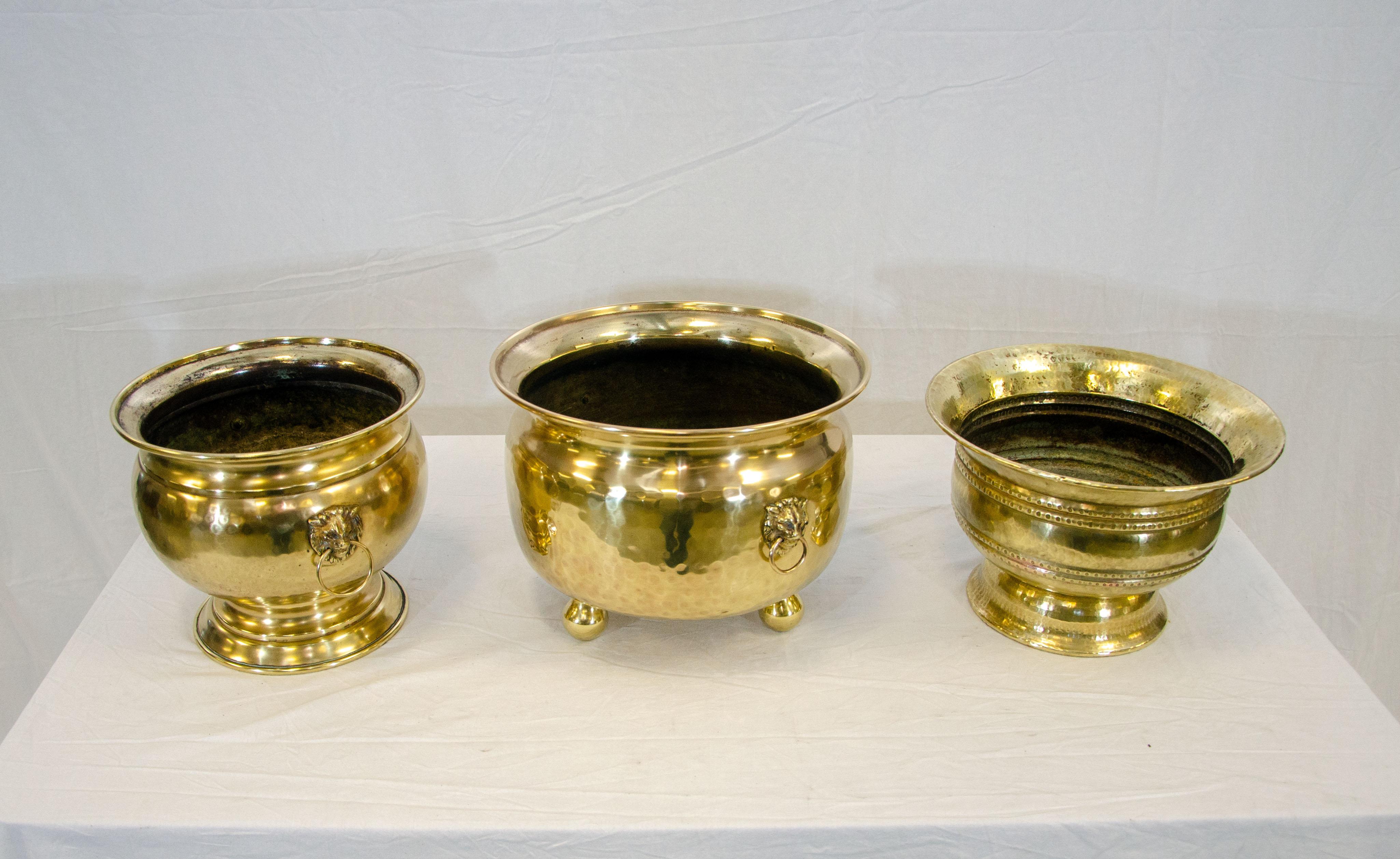 Victorian Collection of 3 Hammered Brass Jardinières, Cache Pot, Planters For Sale